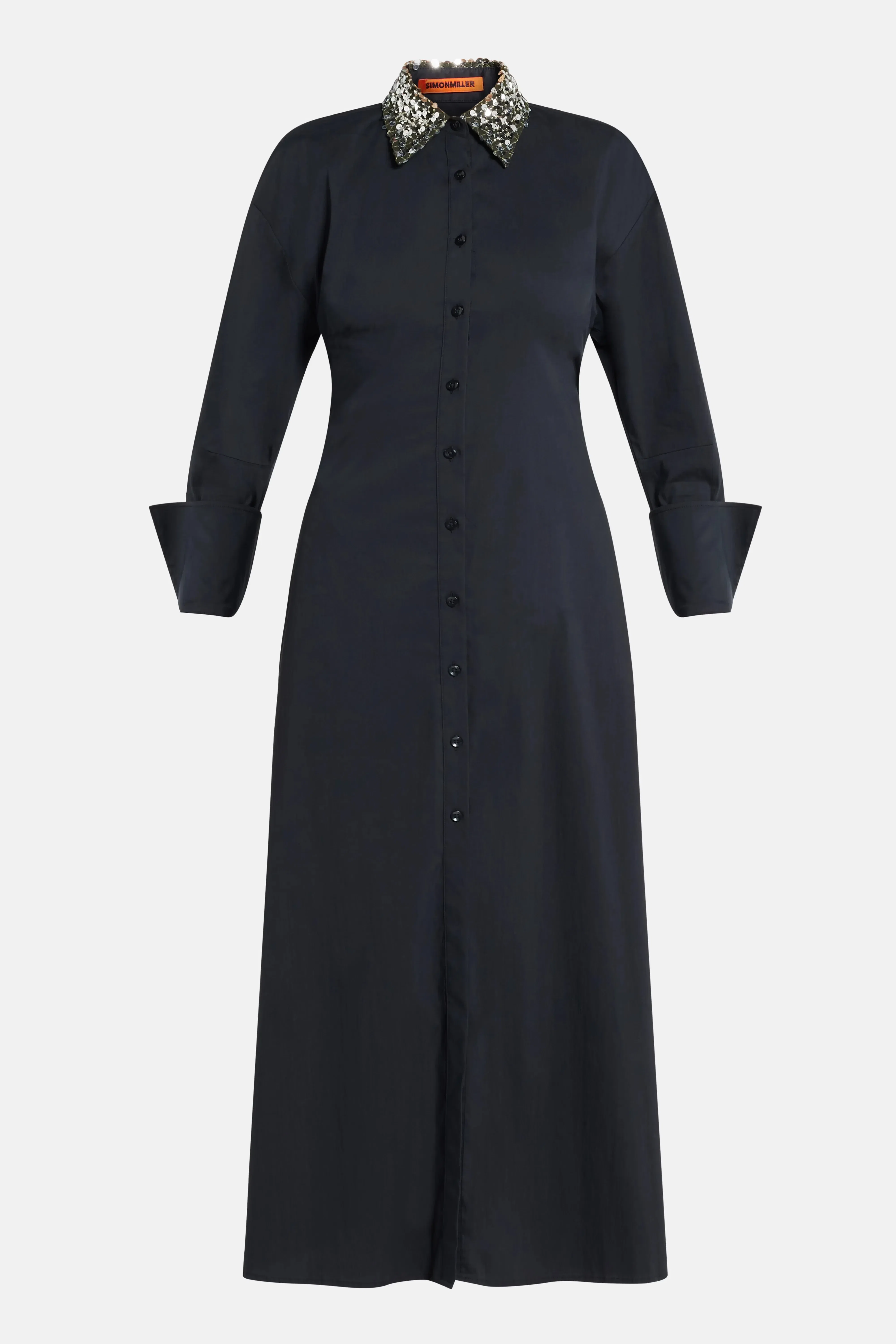 Simon Miller Loch Poplin Embellished Collar Cotton Maxi Dress in Black