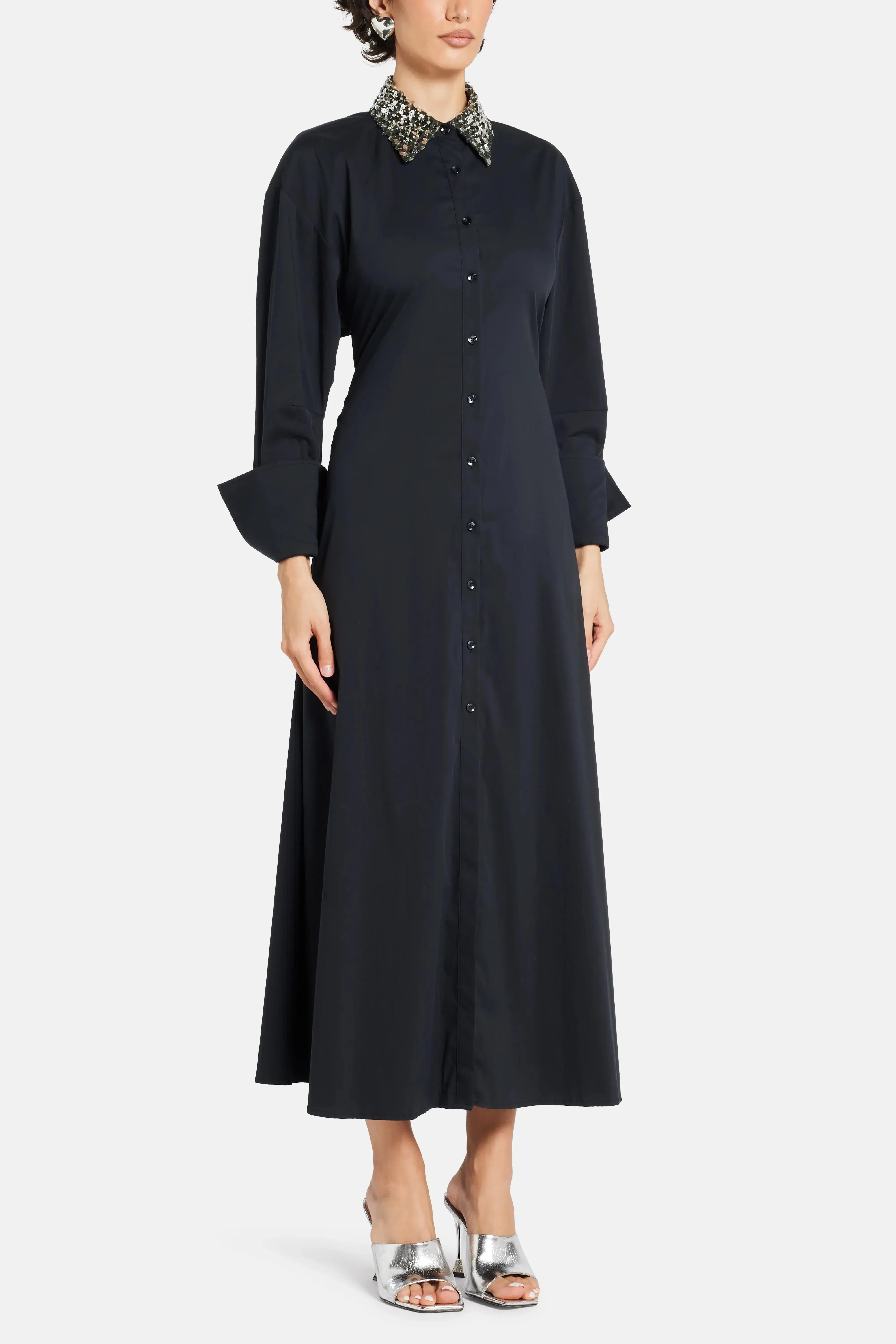 Simon Miller Loch Poplin Embellished Collar Cotton Maxi Dress in Black
