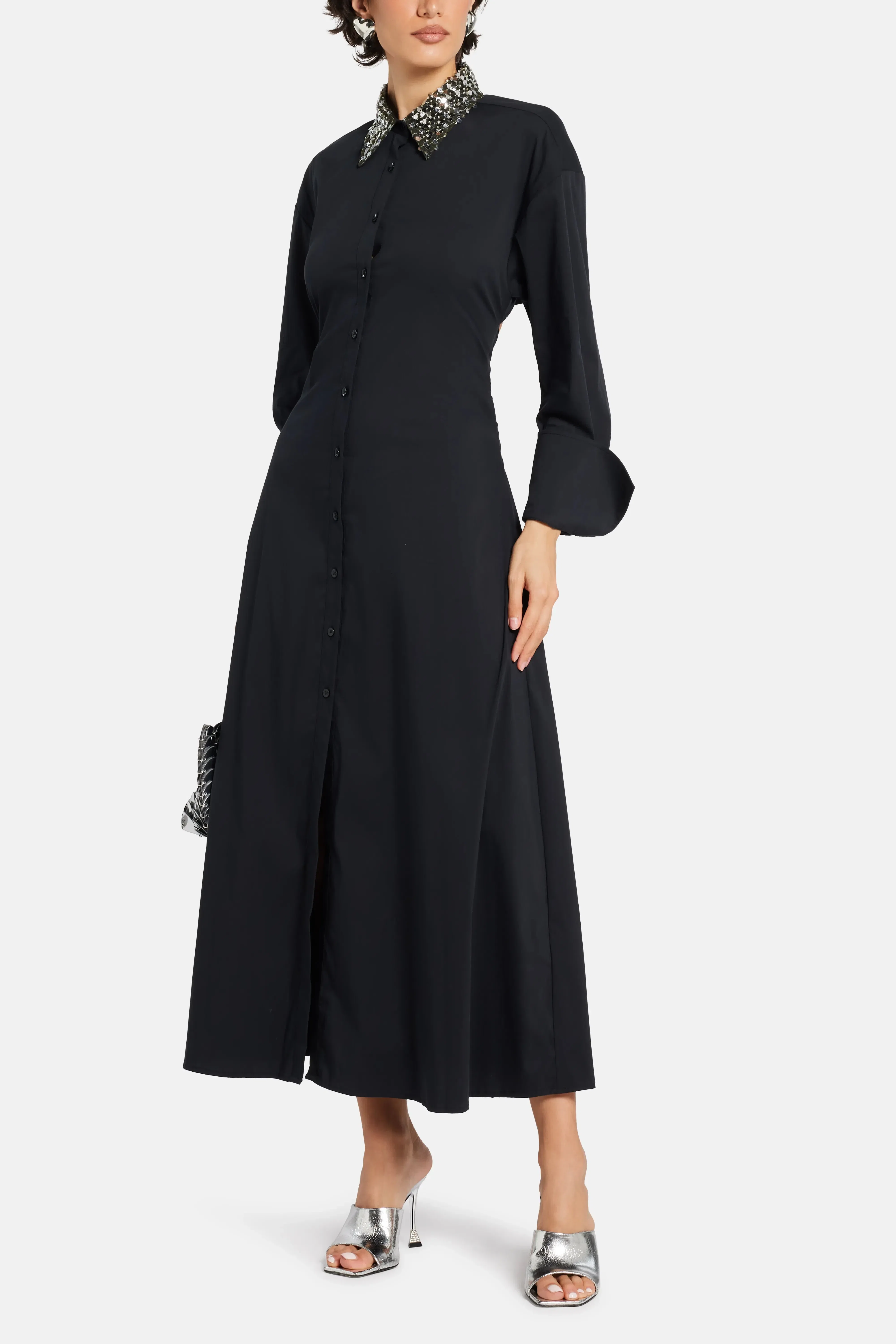 Simon Miller Loch Poplin Embellished Collar Cotton Maxi Dress in Black