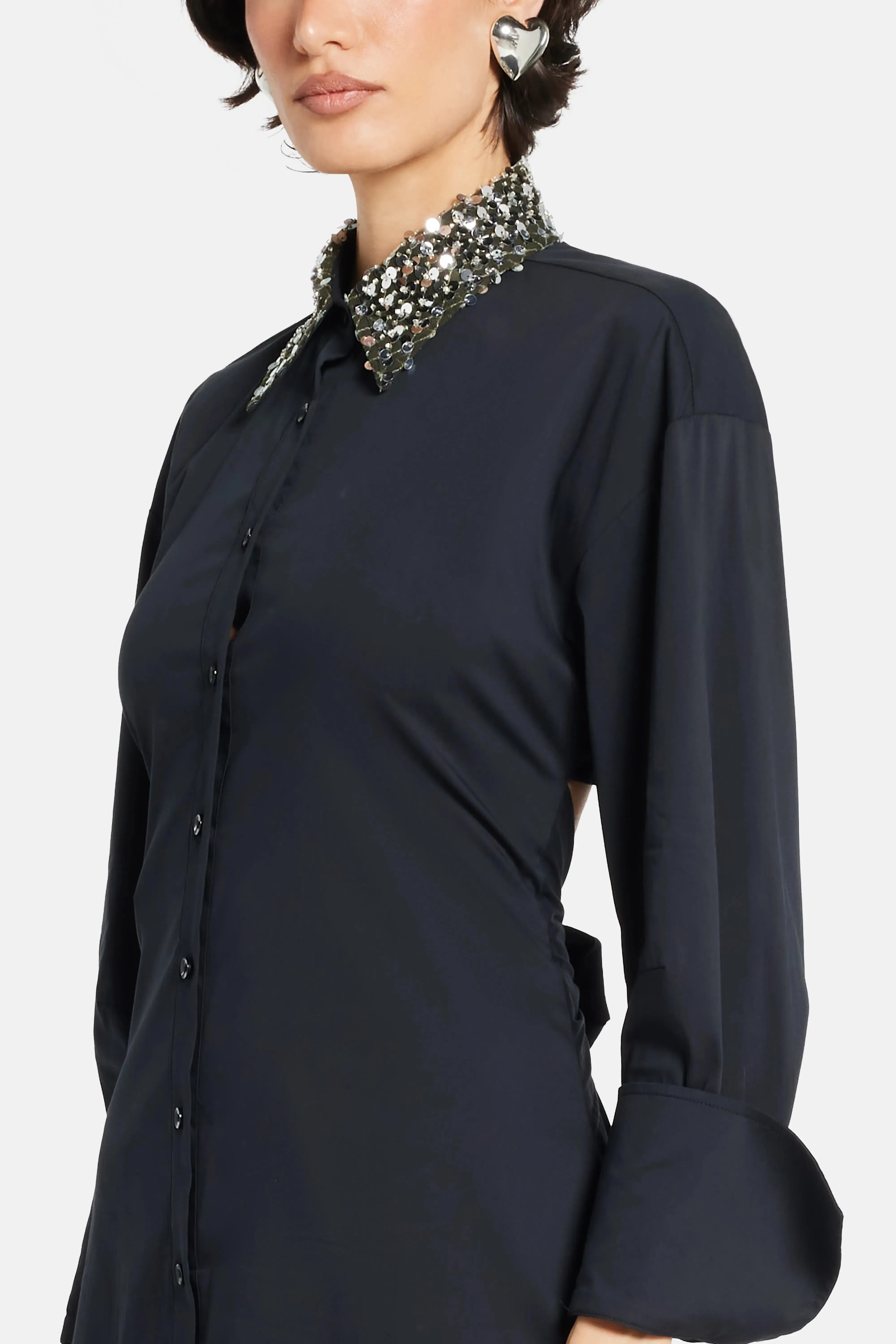 Simon Miller Loch Poplin Embellished Collar Cotton Maxi Dress in Black