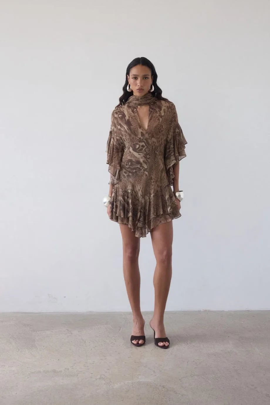 De La Vali Sol Neck Tie Ruffle Mini Dress in Brown