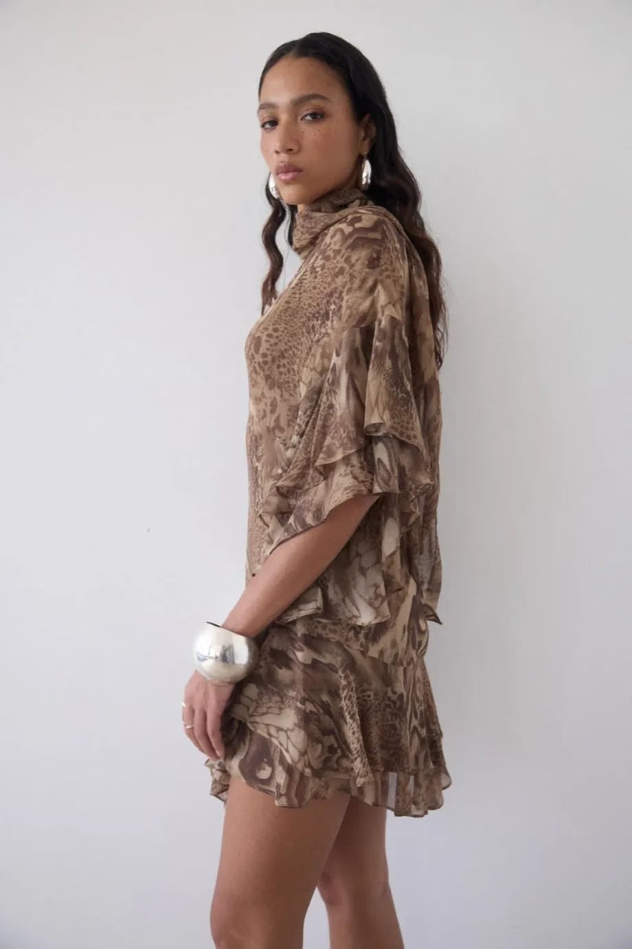 De La Vali Sol Neck Tie Ruffle Mini Dress in Brown