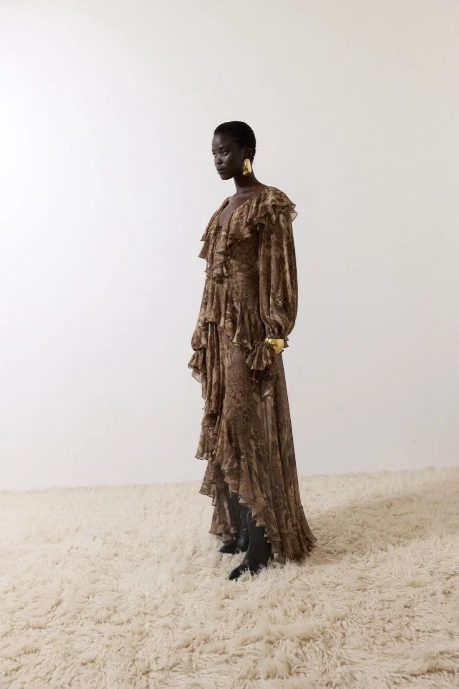 De La Vali Kona Ruffle Maxi Dress in Brown