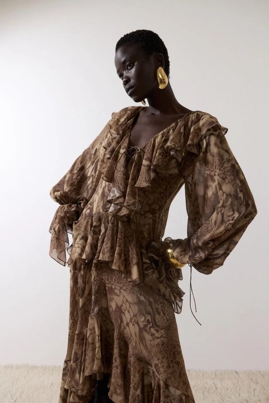 De La Vali Kona Ruffle Maxi Dress in Brown