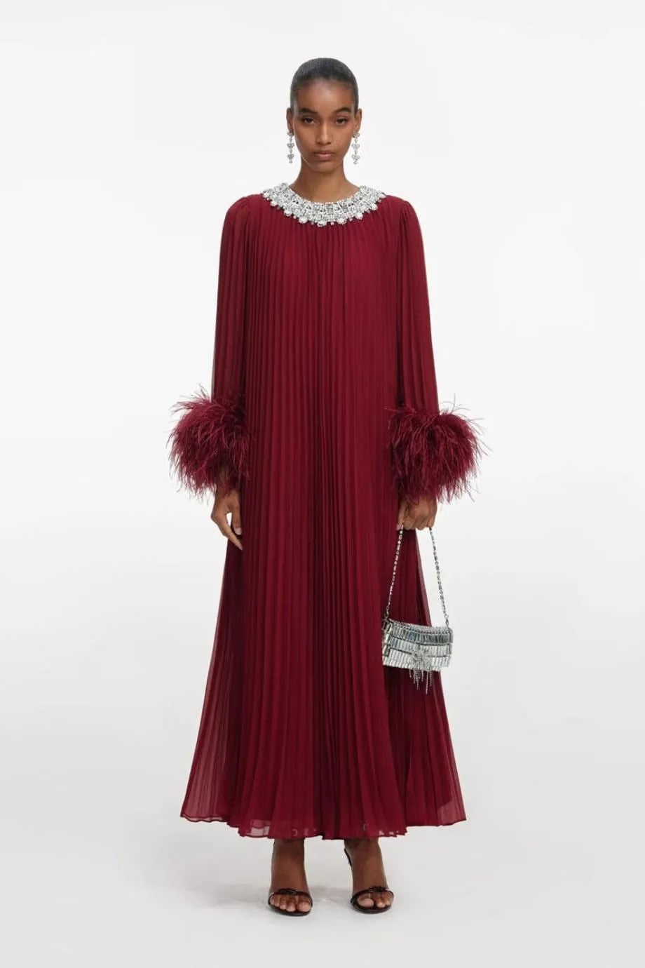 Self-Portrait Chiffon Feather Midi Dress in Burgundy