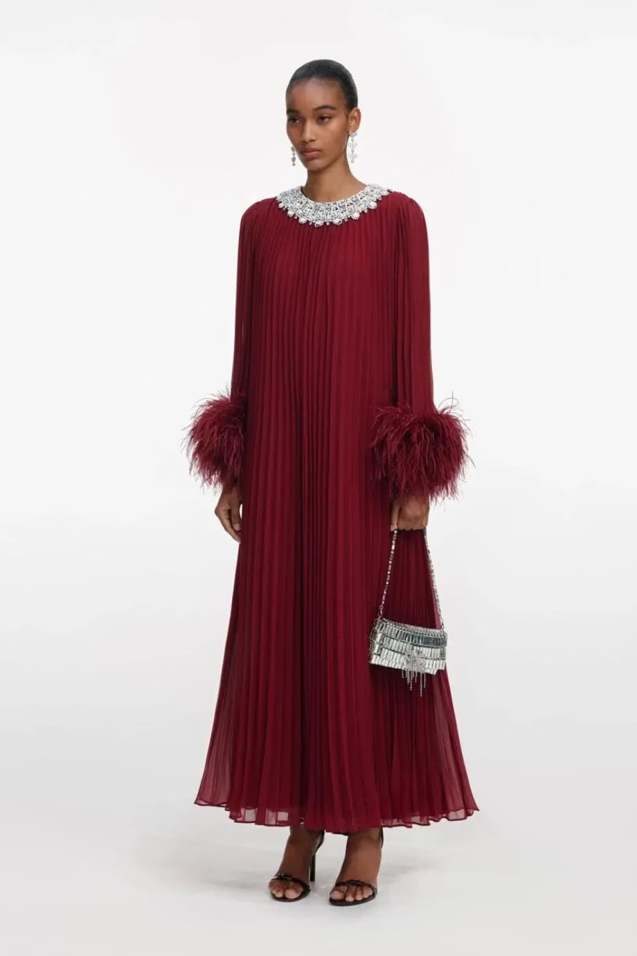 Self-Portrait Chiffon Feather Midi Dress in Burgundy