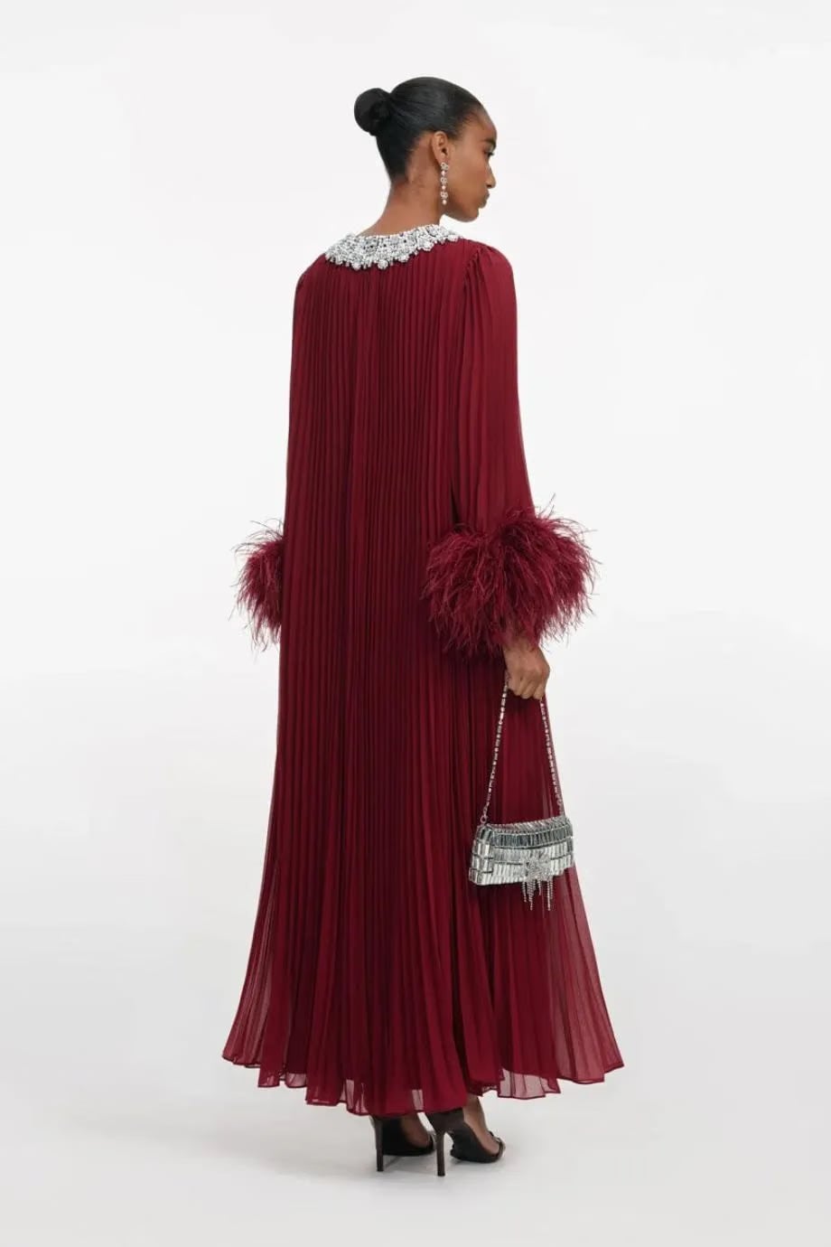 Self-Portrait Chiffon Feather Midi Dress in Burgundy