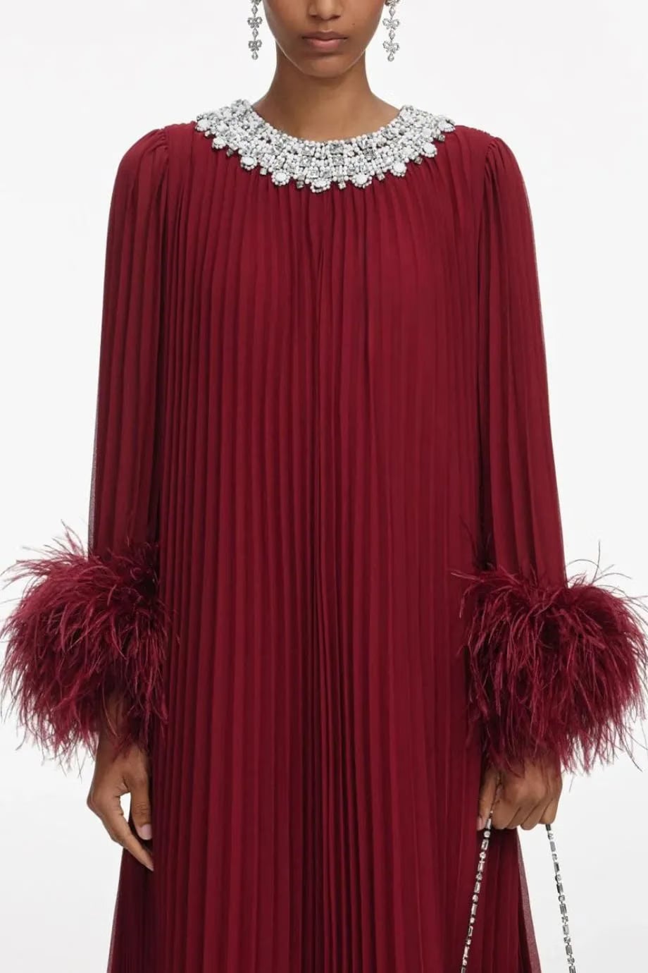 Self-Portrait Chiffon Feather Midi Dress in Burgundy