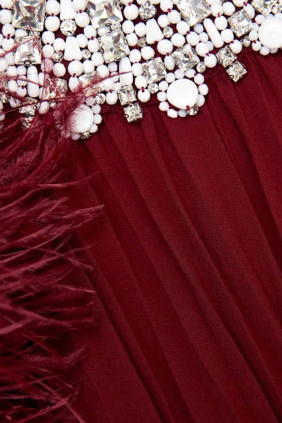 Self-Portrait Chiffon Feather Midi Dress in Burgundy