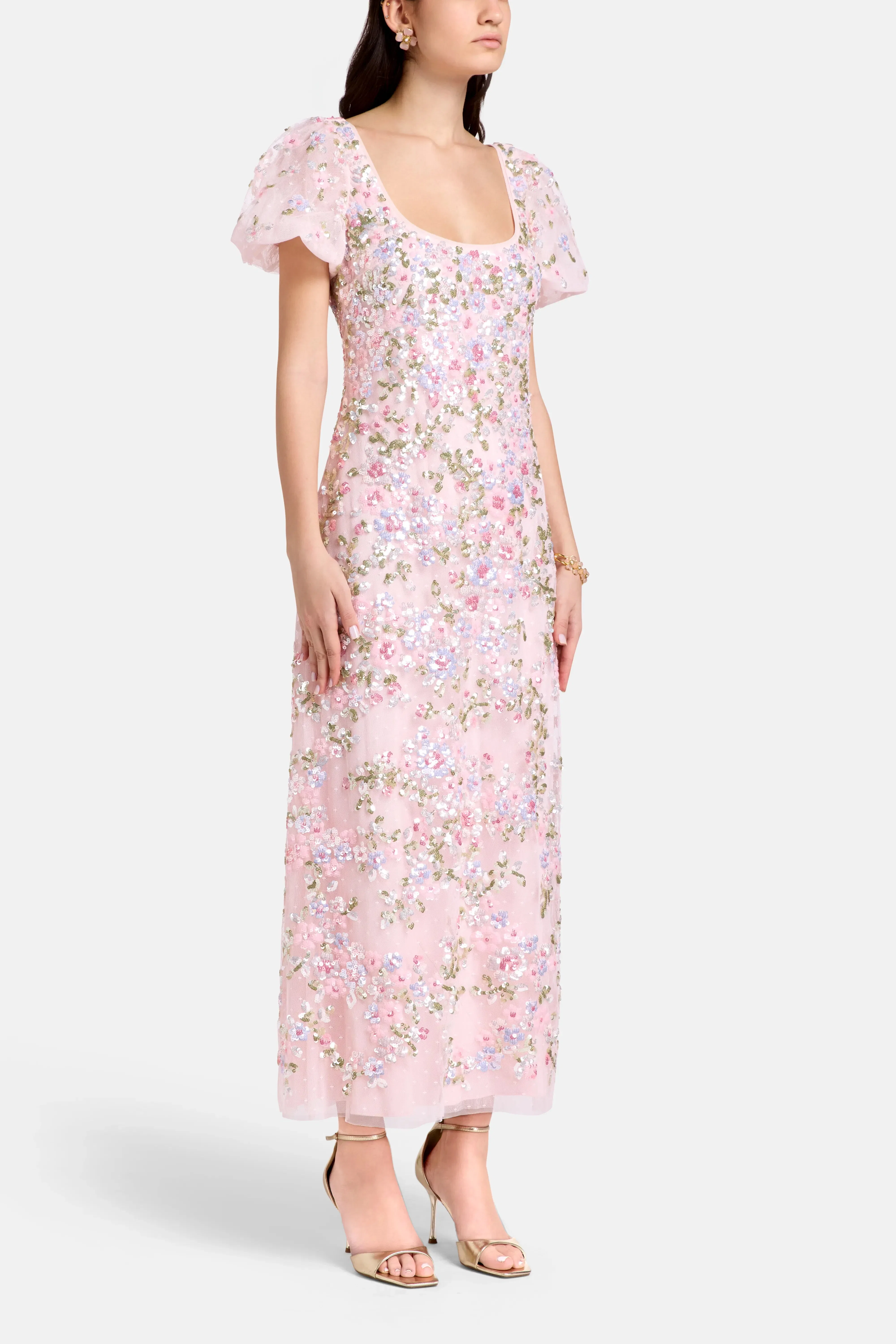 Needle & Thread Dream Garland Puff Sleeves Evening Dress in Pink