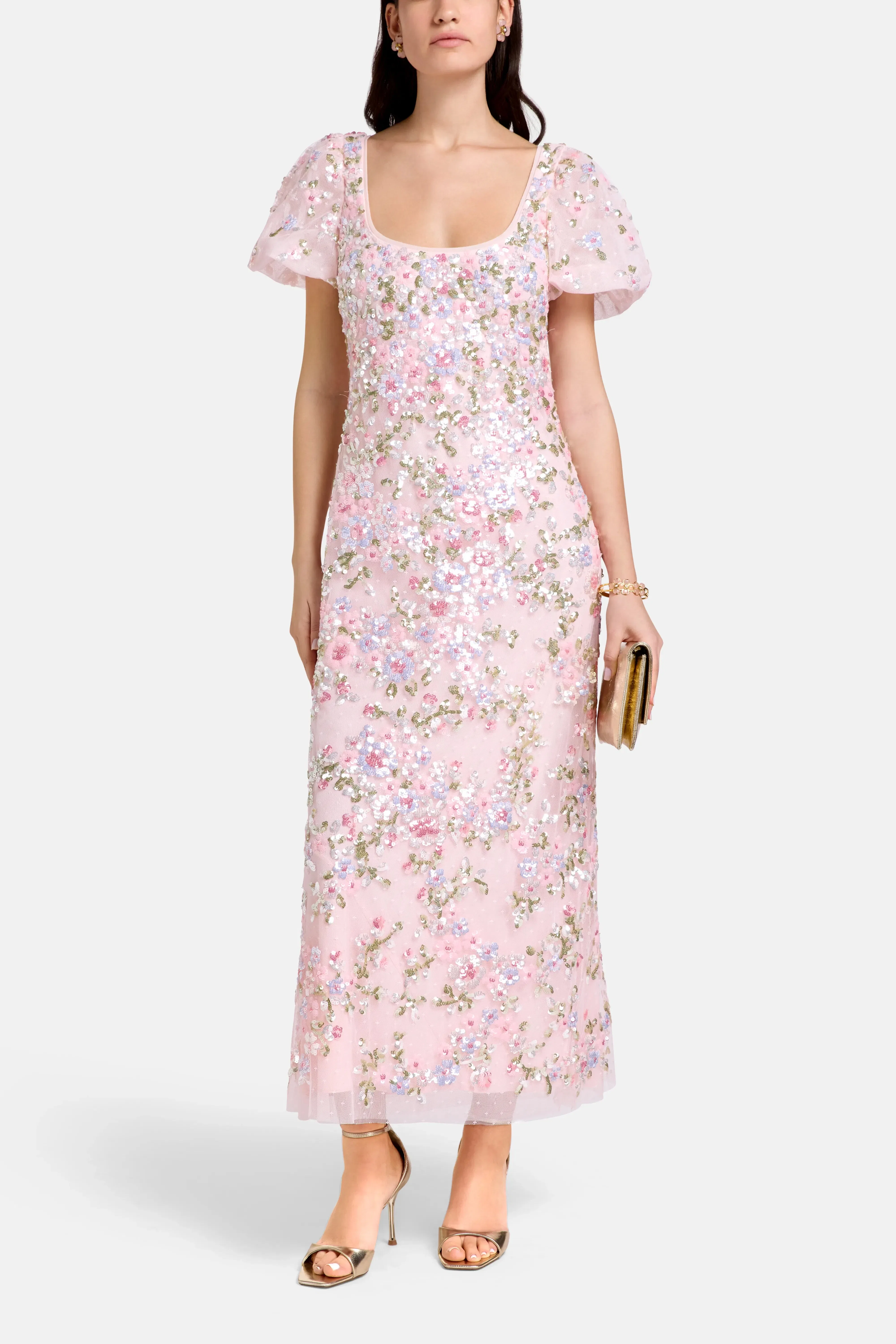 Needle & Thread Dream Garland Puff Sleeves Evening Dress in Pink
