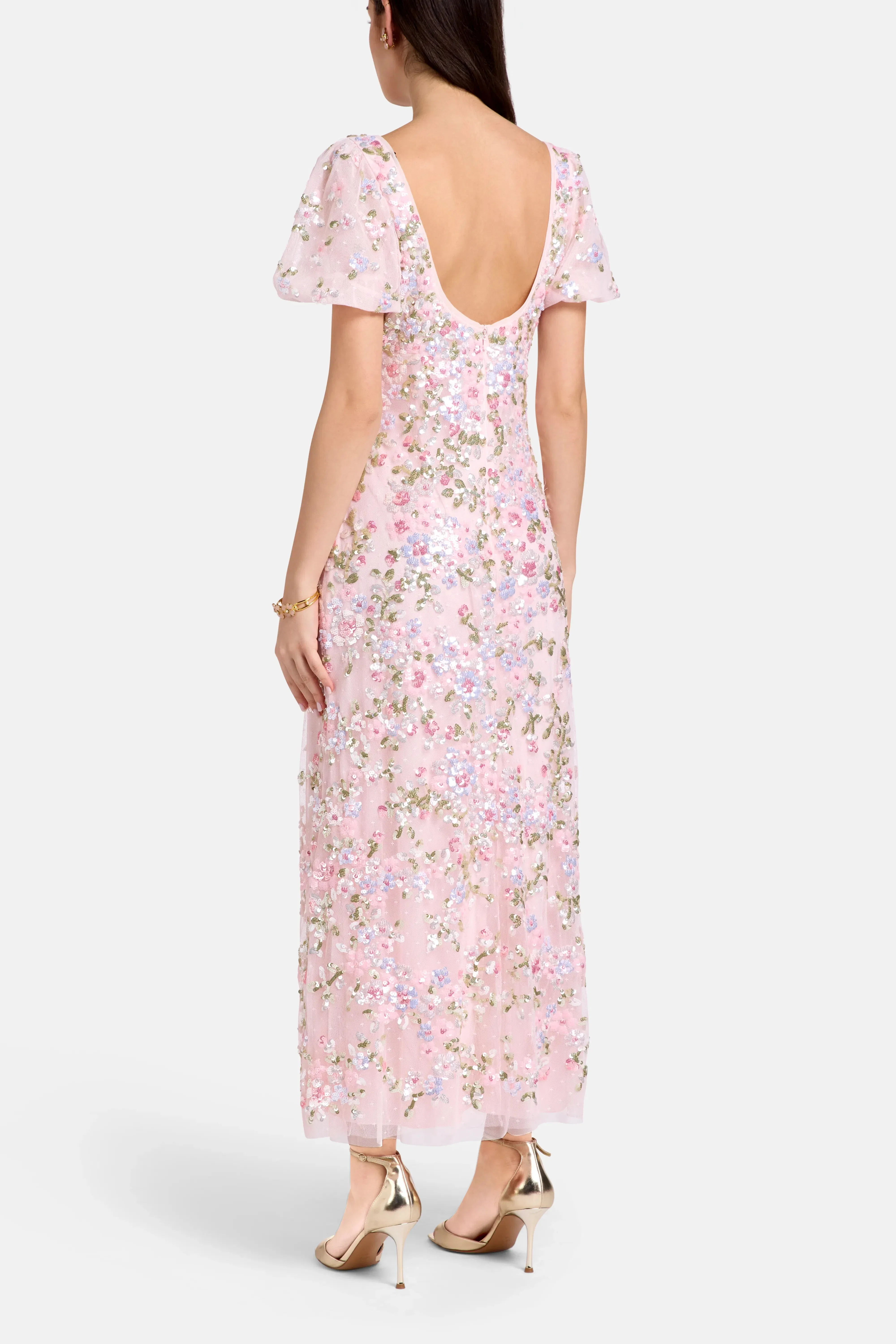 Needle & Thread Dream Garland Puff Sleeves Evening Dress in Pink