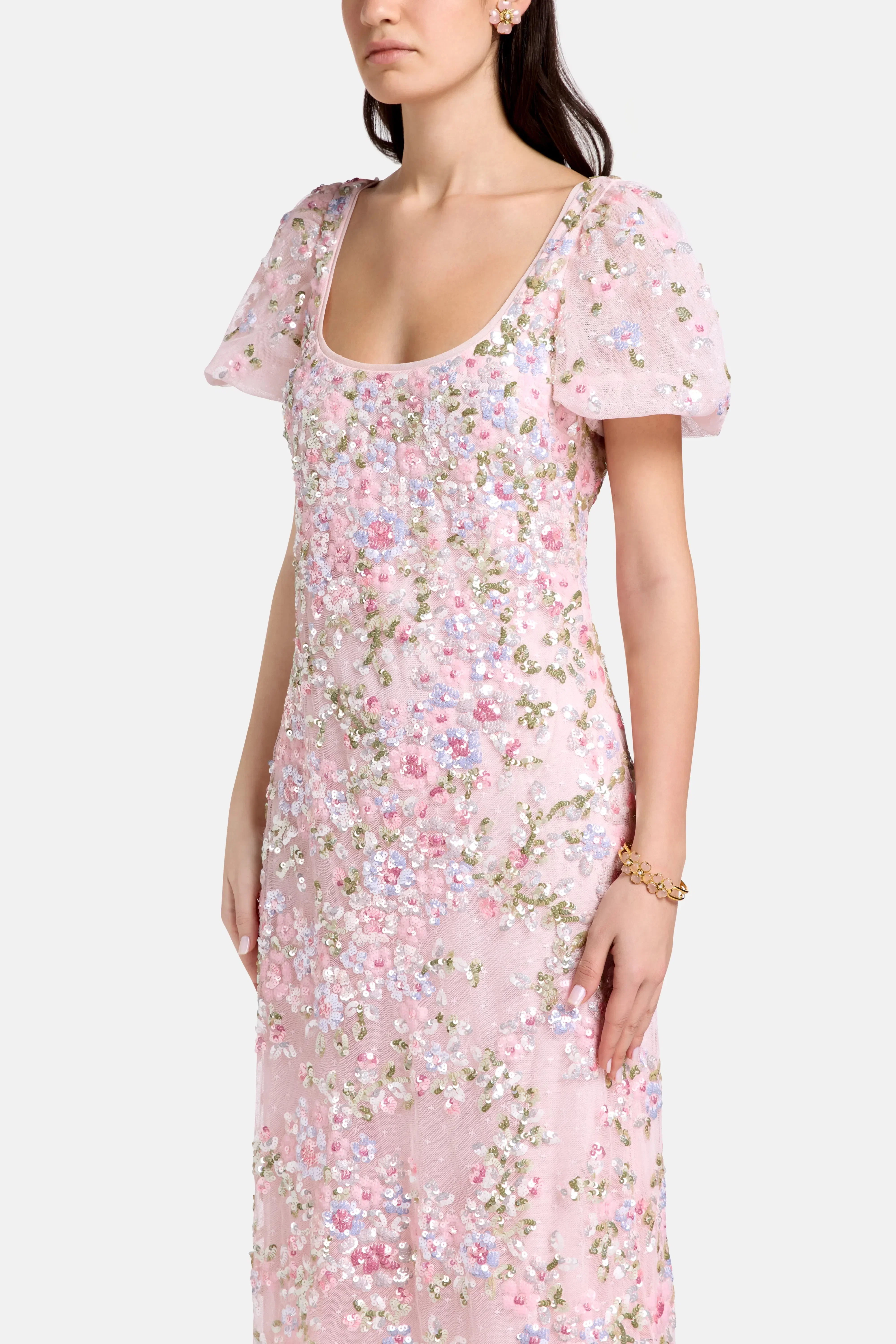 Needle & Thread Dream Garland Puff Sleeves Evening Dress in Pink
