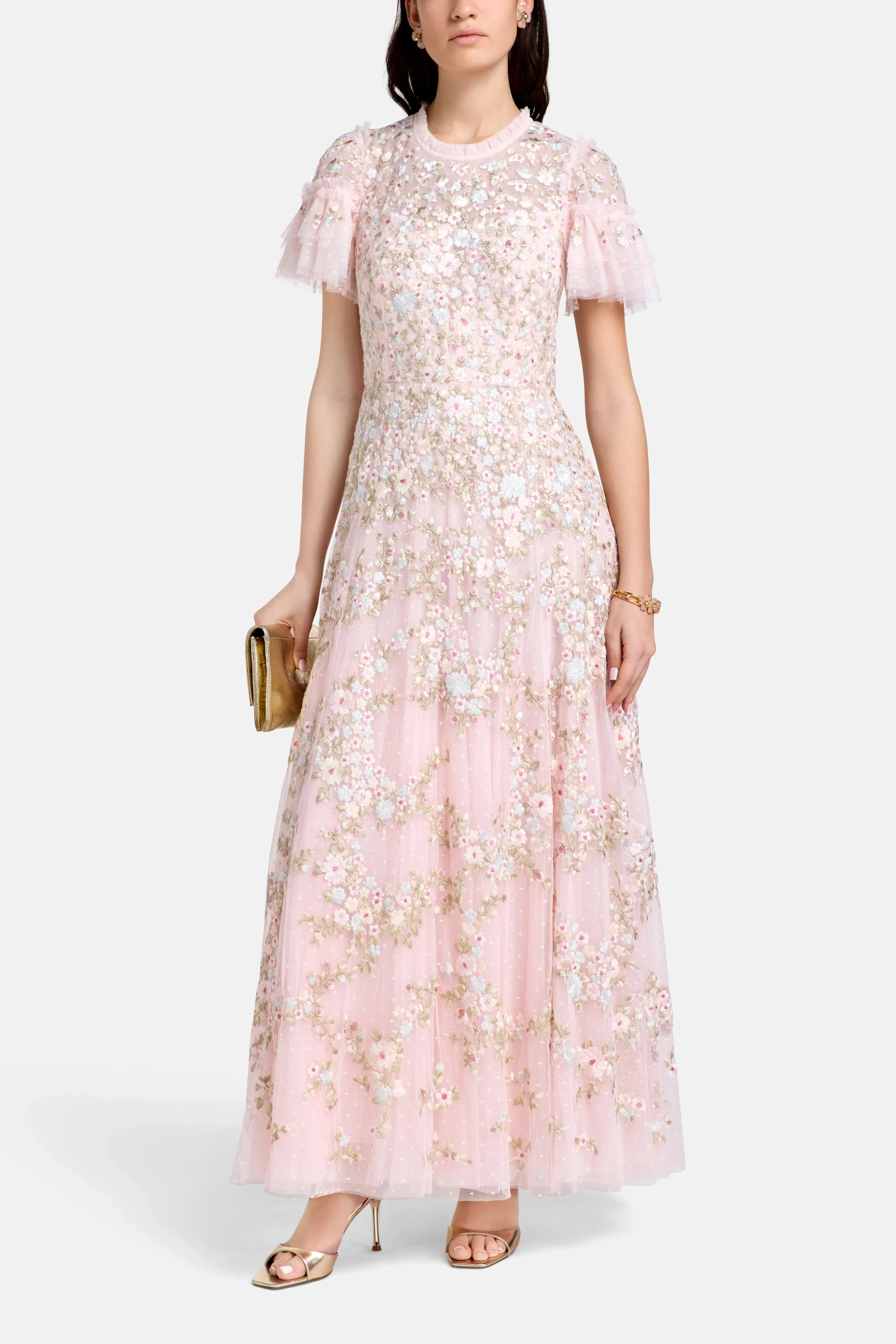Needle & Thread Lunaria Wreath Floral Evening Dress in Pink