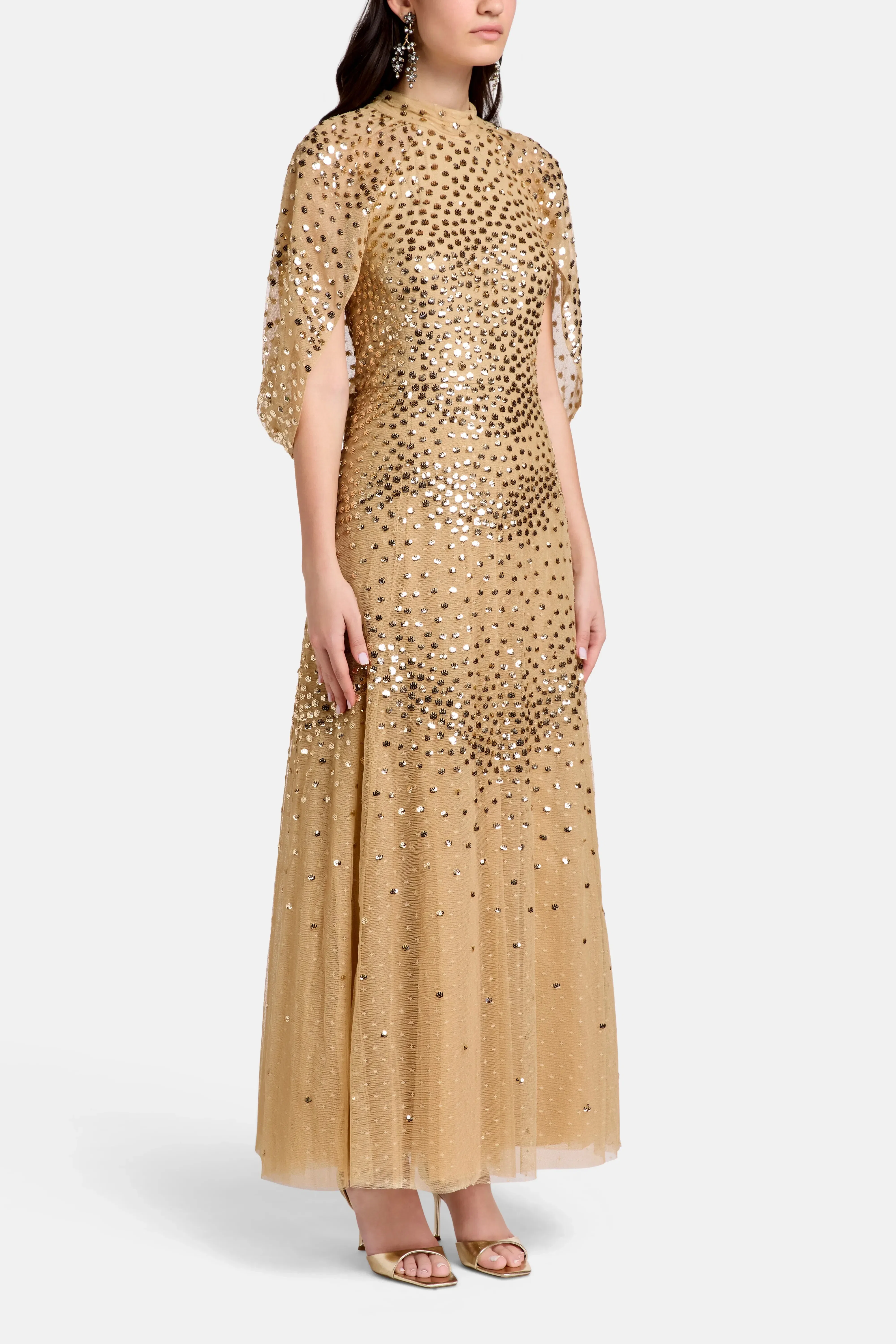 Needle & Thread Scallop Sequins Cape Evening Dress in Gold