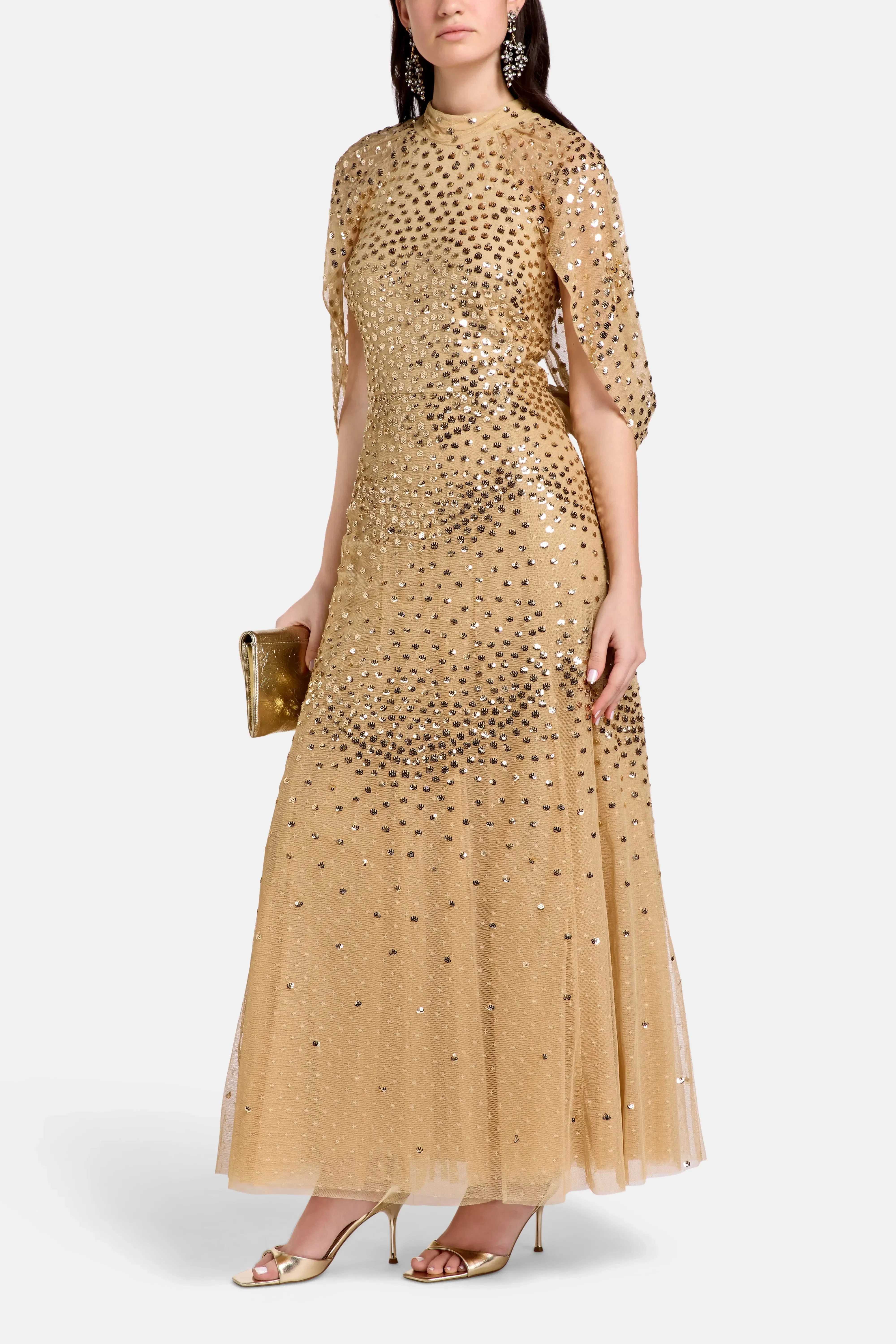 Needle & Thread Scallop Sequins Cape Evening Dress in Gold