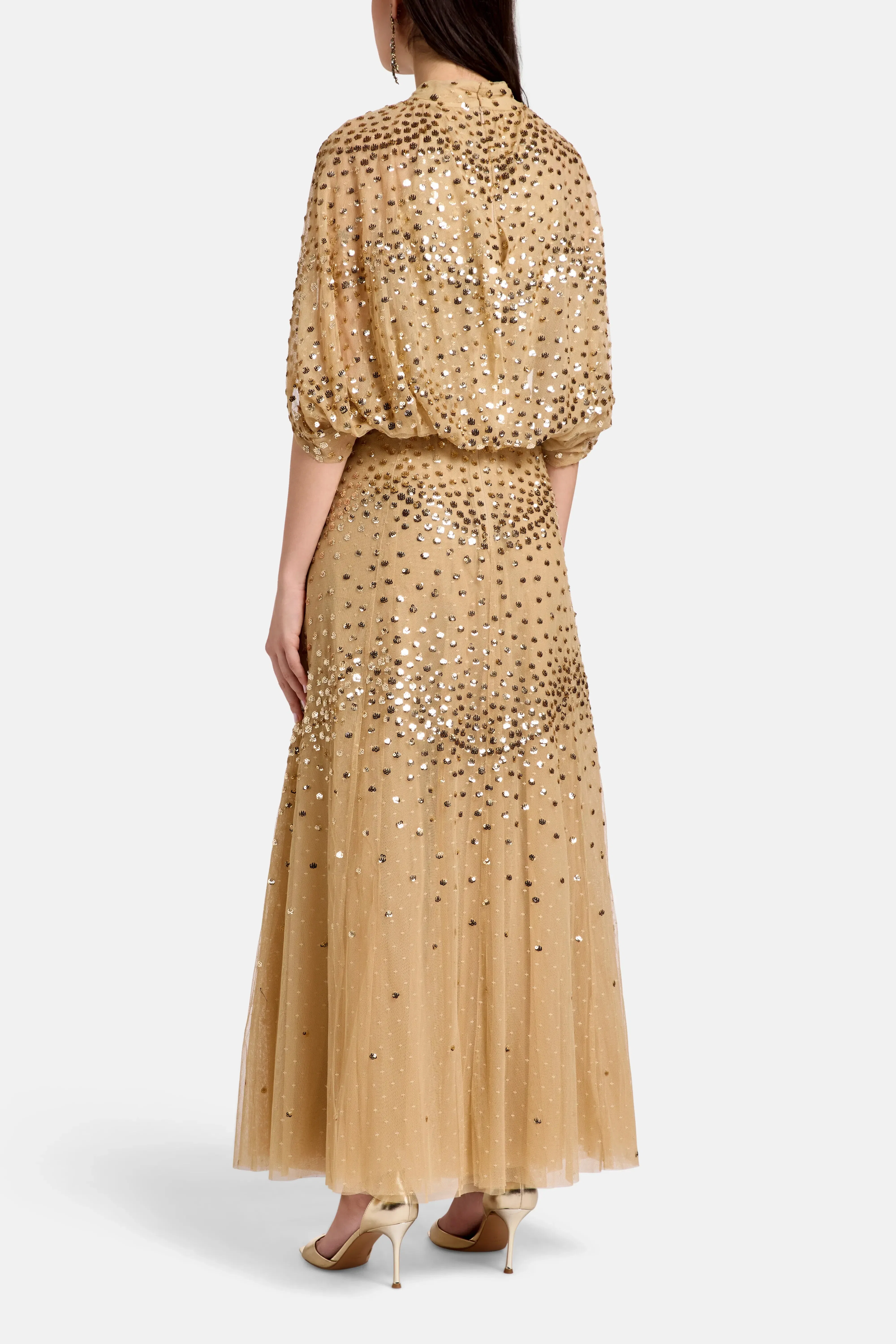 Needle & Thread Scallop Sequins Cape Evening Dress in Gold