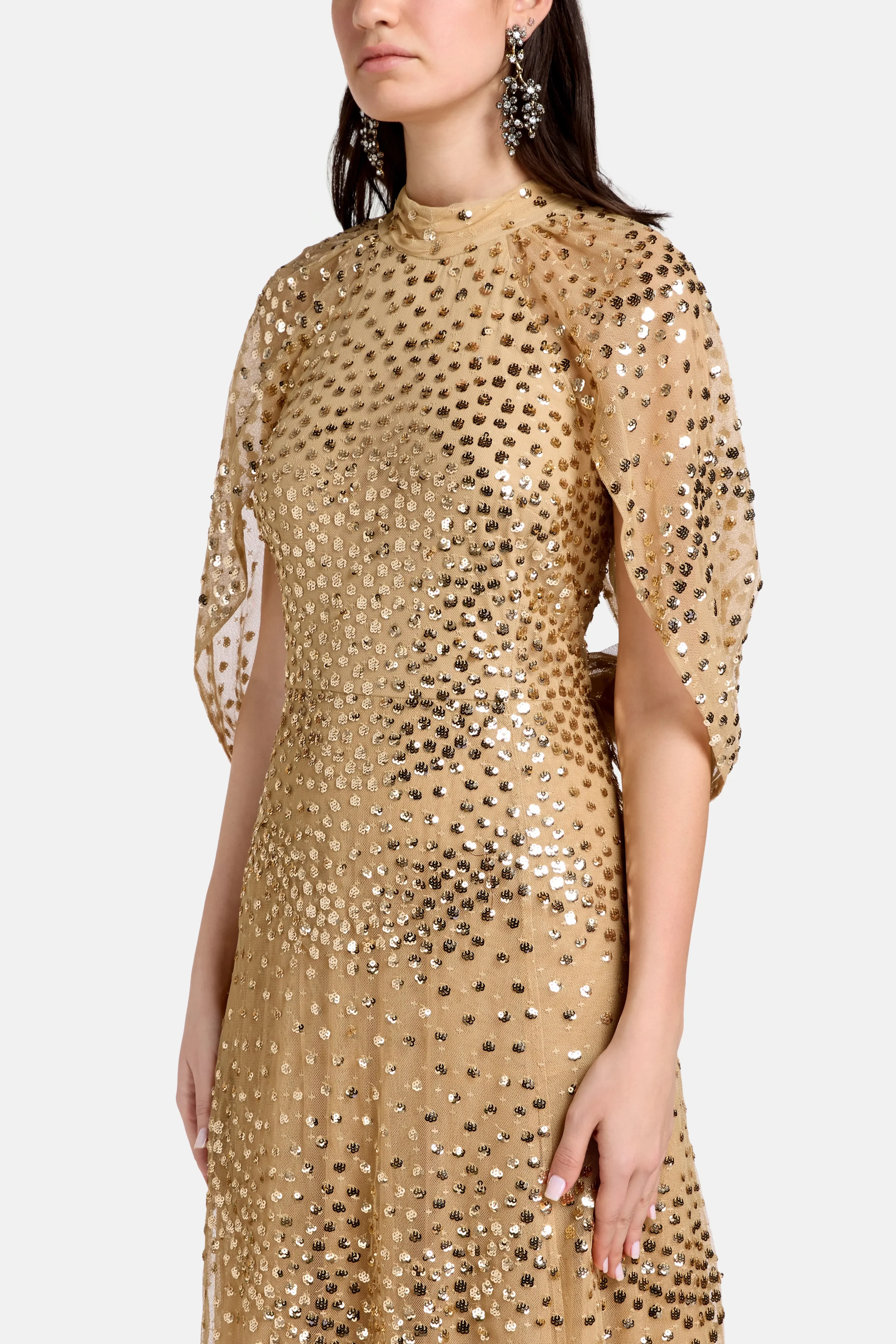 Needle & Thread Scallop Sequins Cape Evening Dress in Gold