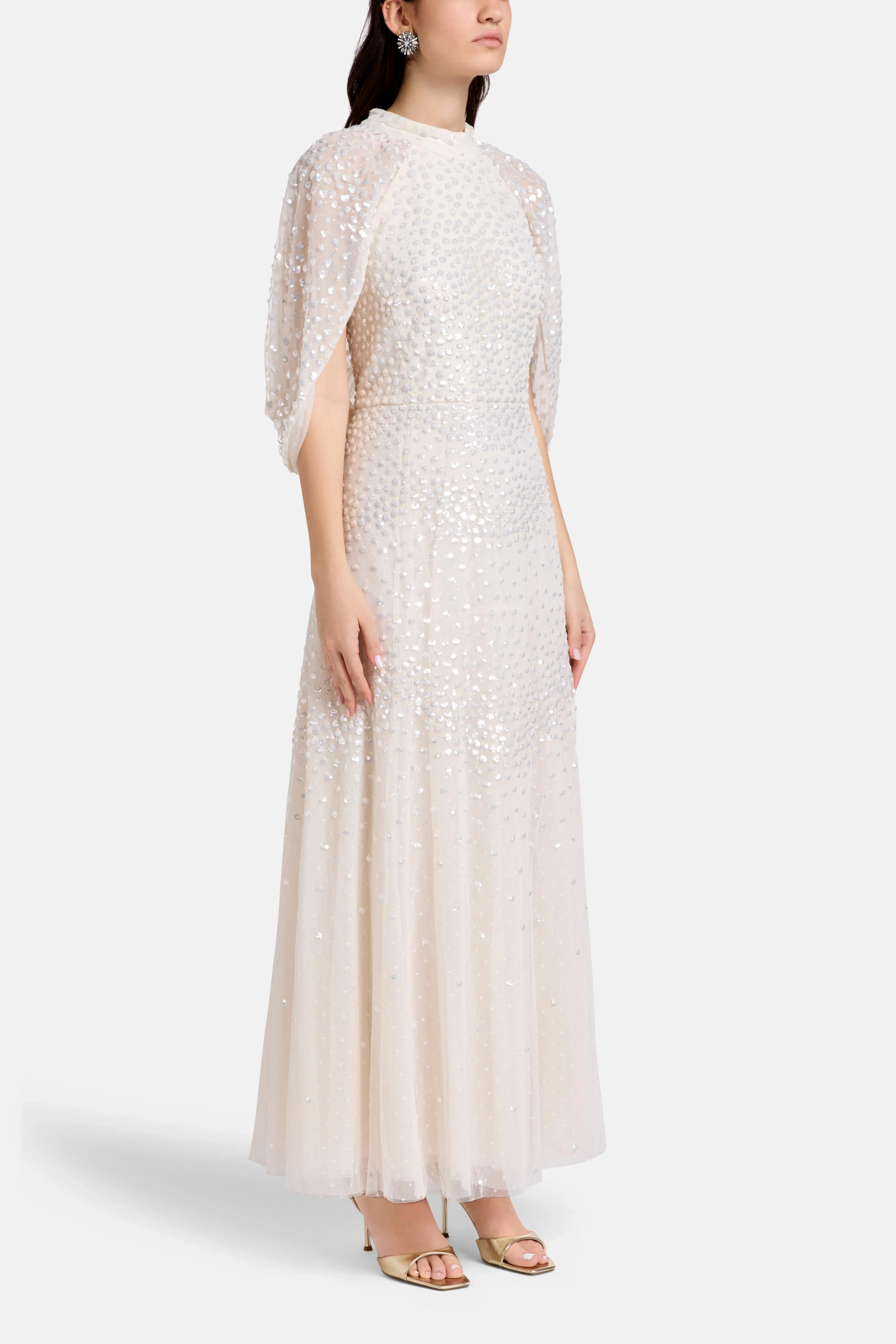 Needle & Thread Scallop Sequins Cape Evening Dress in Cream
