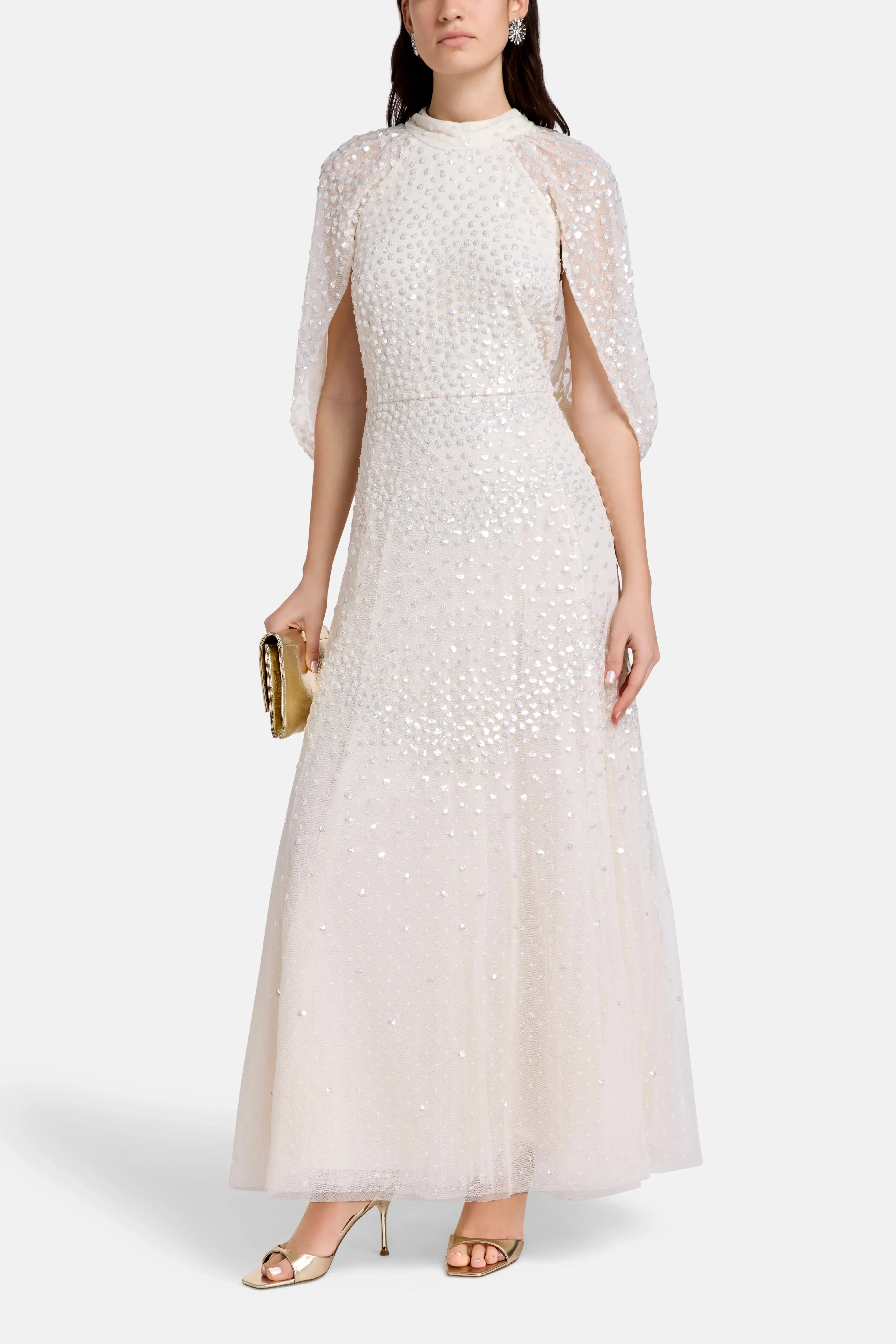 Needle & Thread Scallop Sequins Cape Evening Dress in Cream
