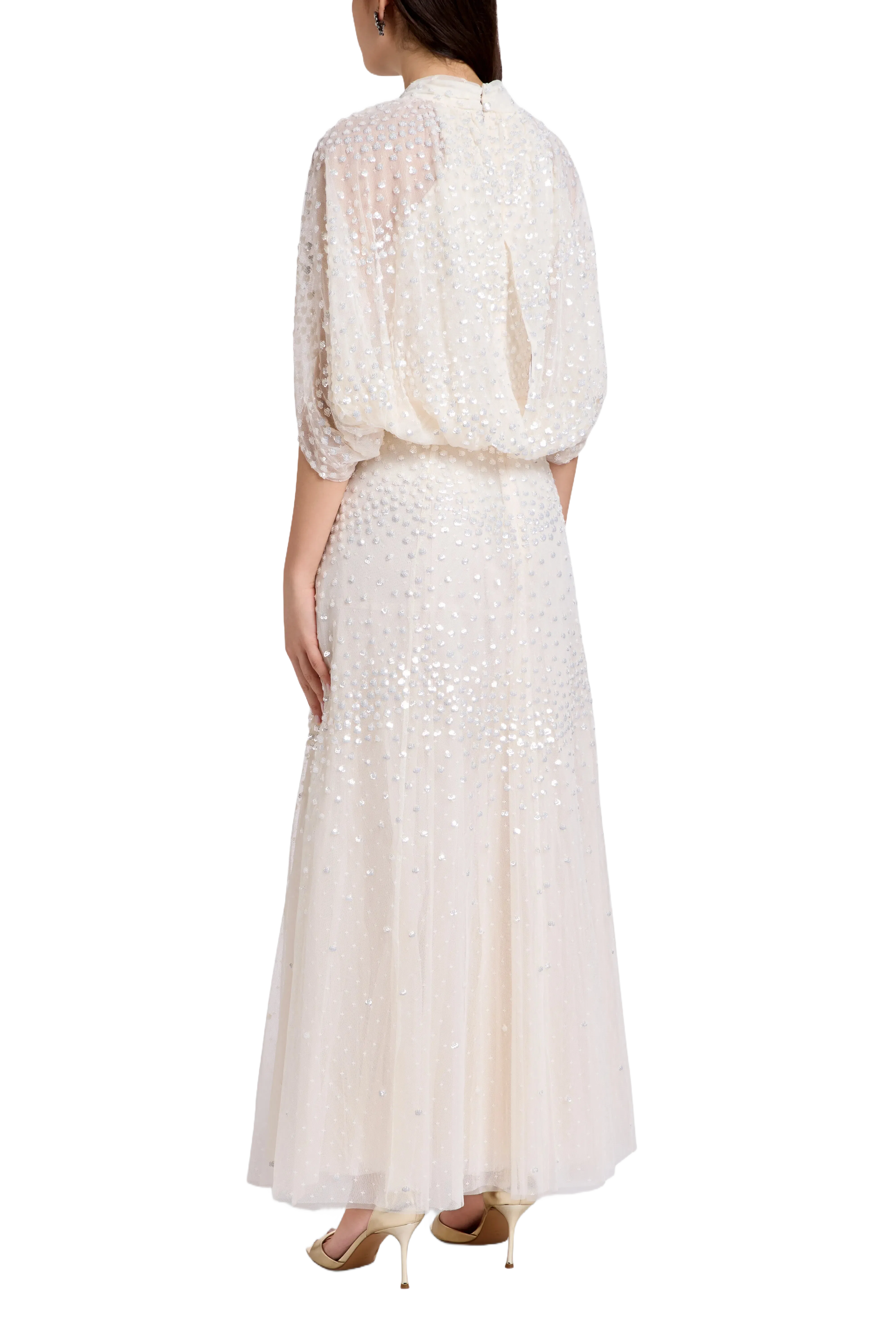 Needle & Thread Scallop Sequins Cape Evening Dress in Cream