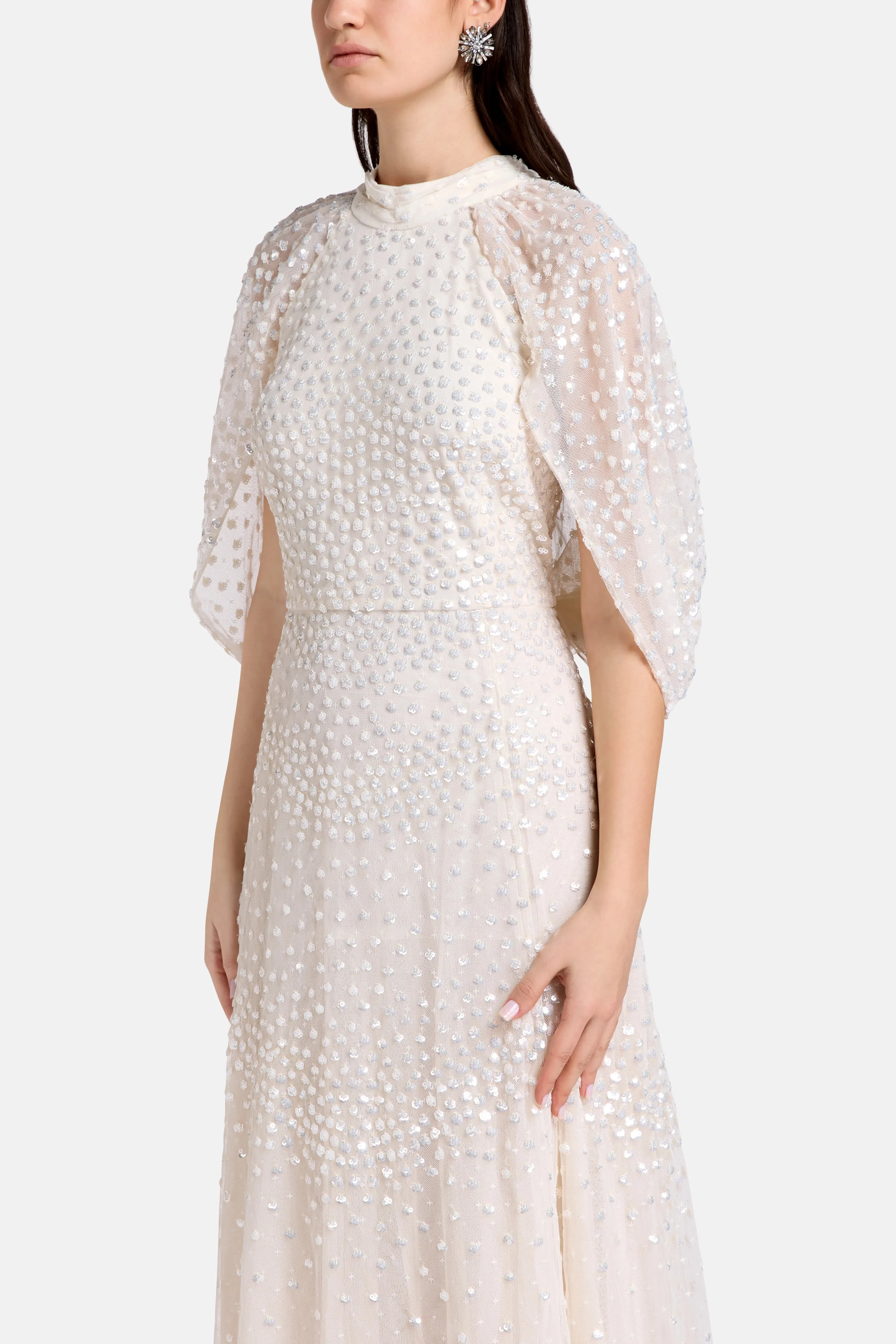 Needle & Thread Scallop Sequins Cape Evening Dress in Cream