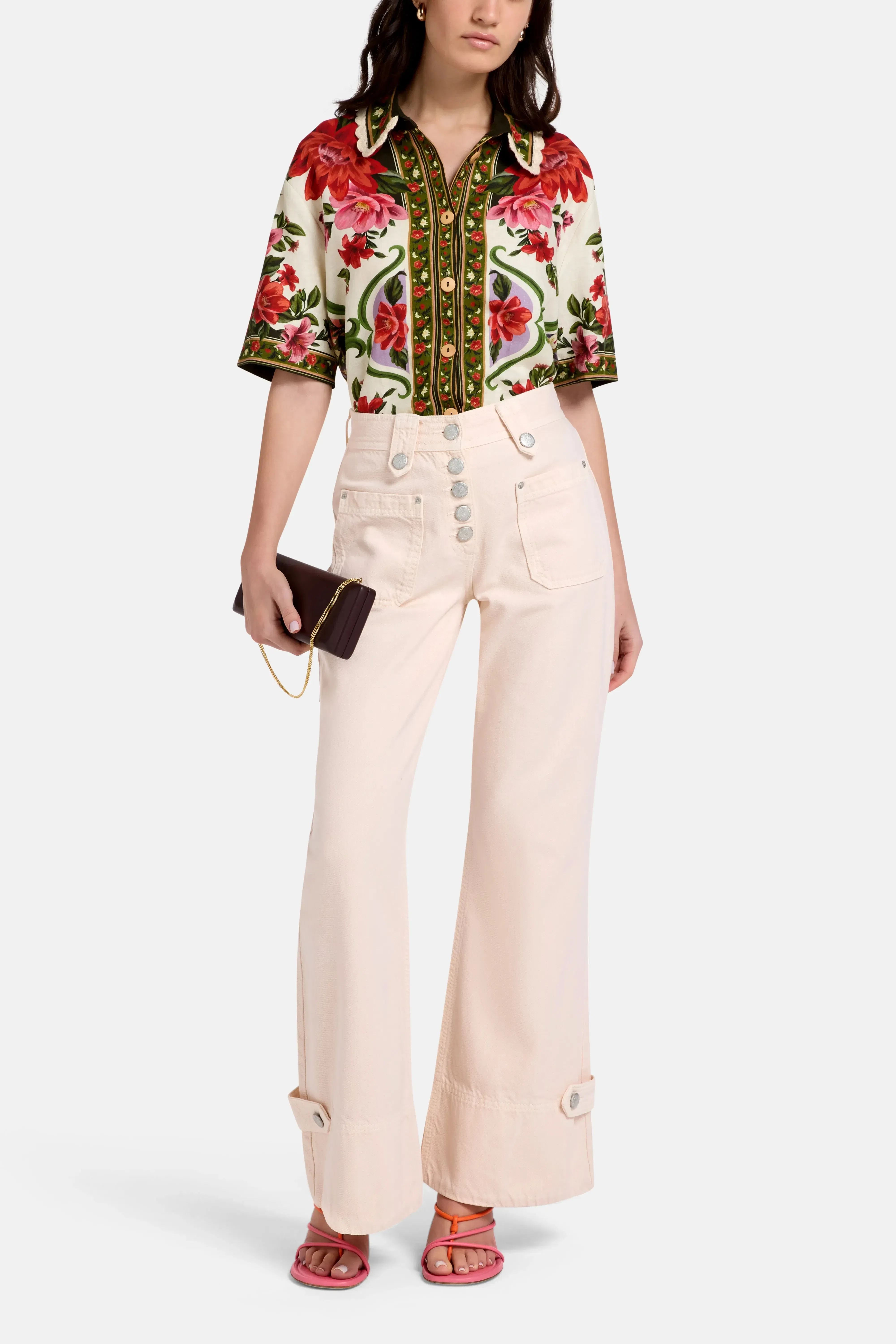 FARM Rio High Waisted Cotton Flared Pants in Pink