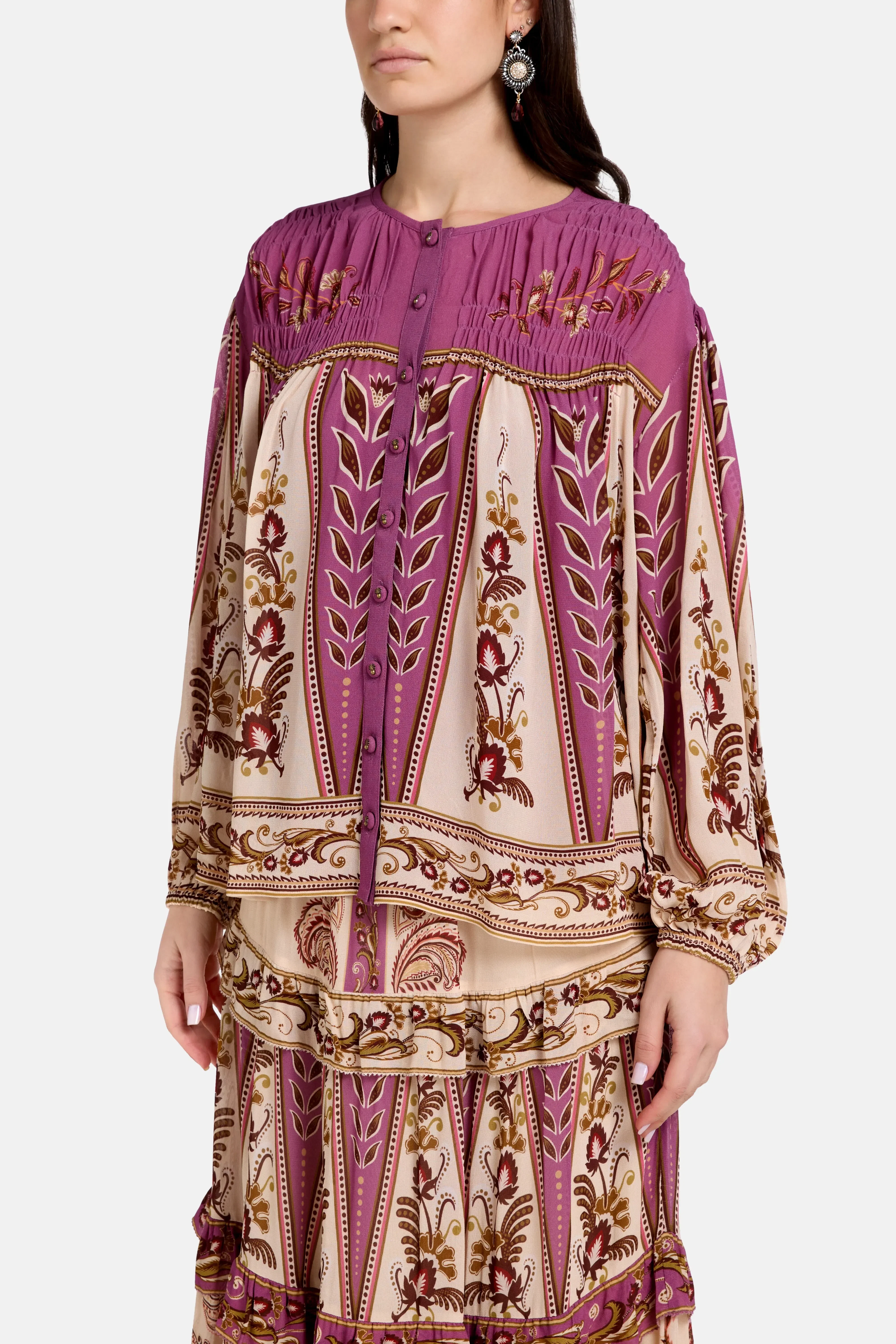 FARM Rio Delicate Ainika Sand Smocking Blouse in Brown