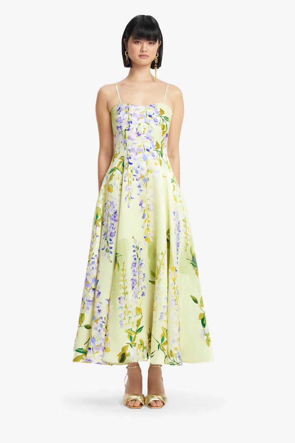 Leo Lin Mariela Linen Silk Blend Floral Midi Dress in Green