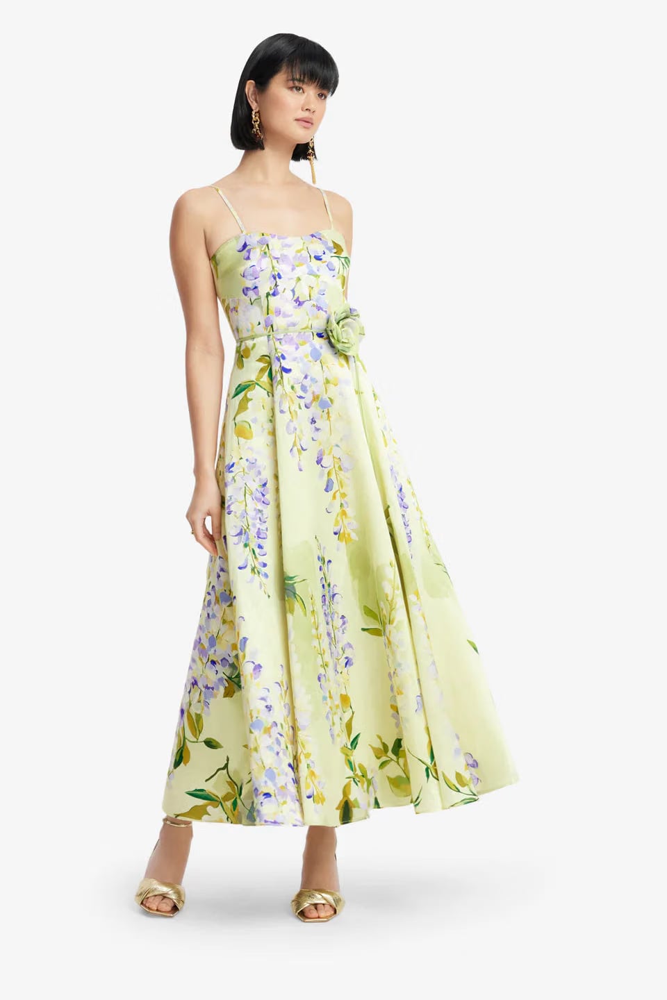Leo Lin Mariela Linen Silk Blend Floral Midi Dress in Green