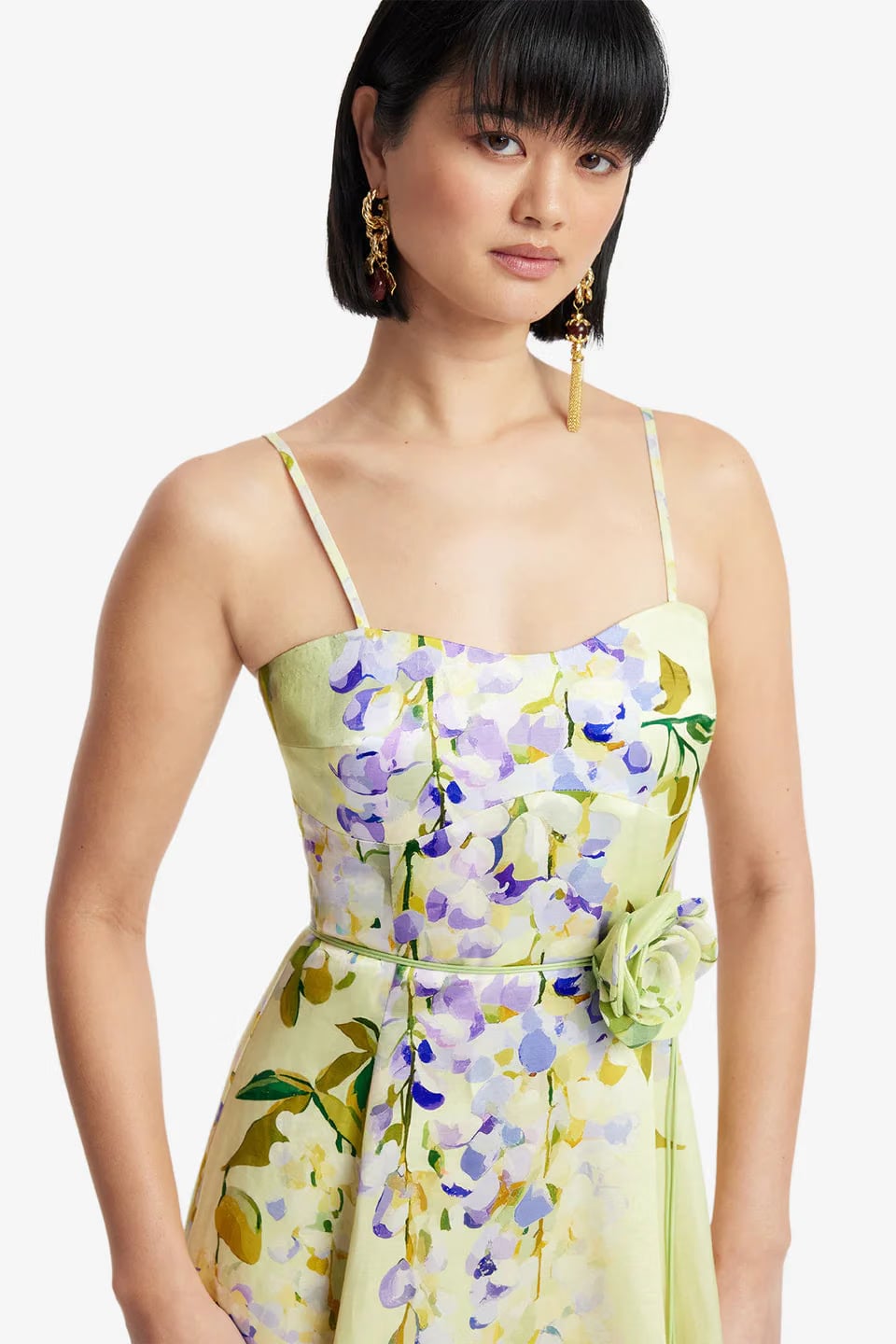 Leo Lin Mariela Linen Silk Blend Floral Midi Dress in Green