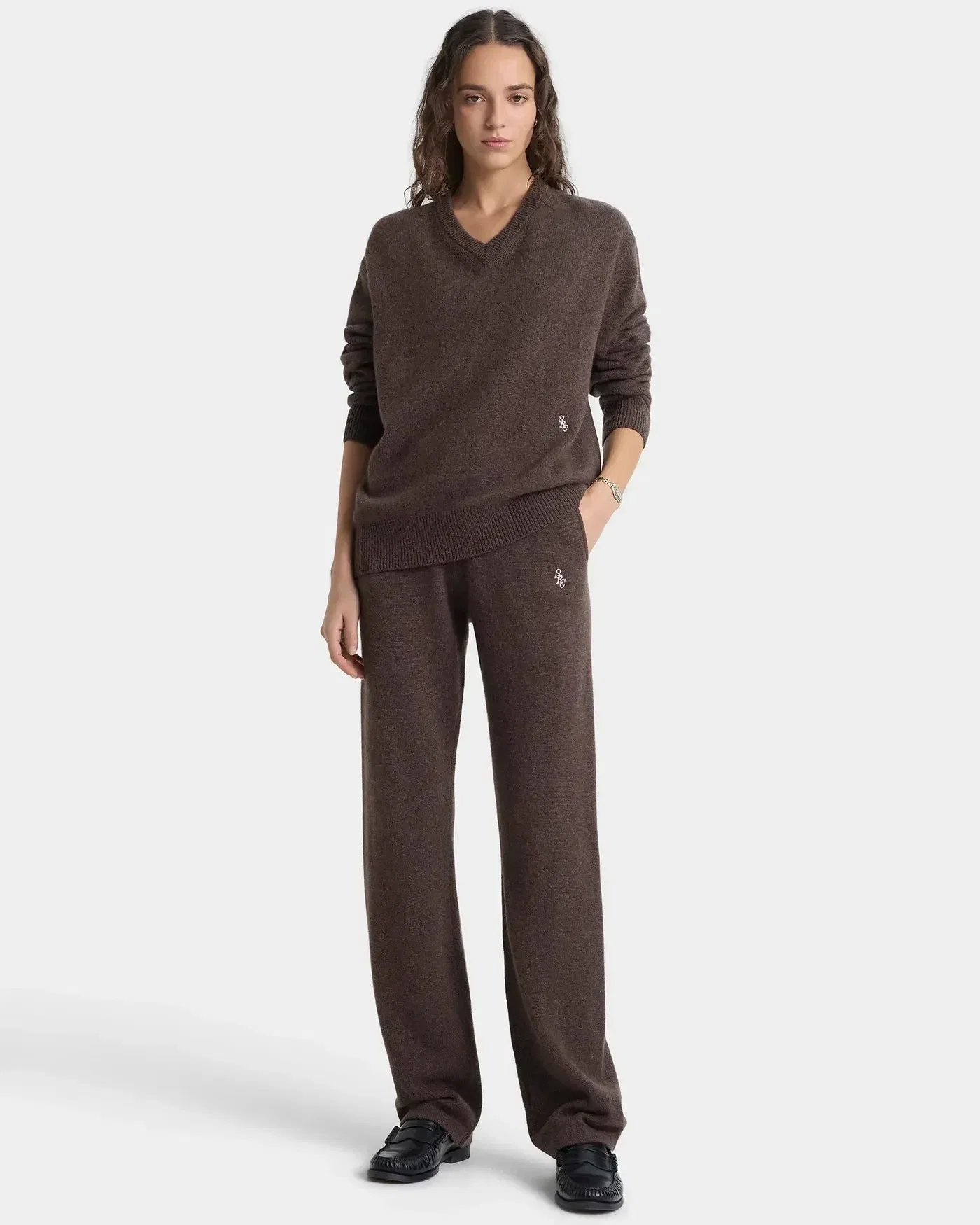 Sporty & Rich SRC Cashmere V Neck Sweater in Brown