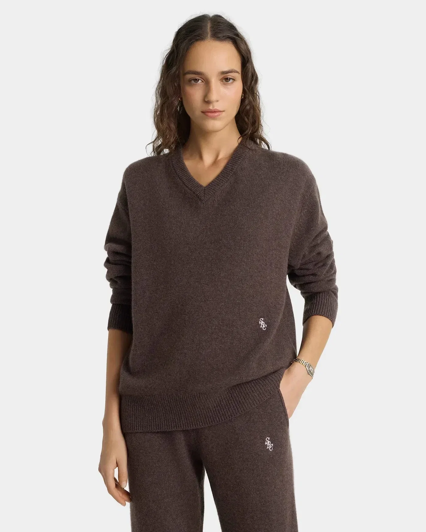 Sporty & Rich SRC Cashmere V Neck Sweater in Brown