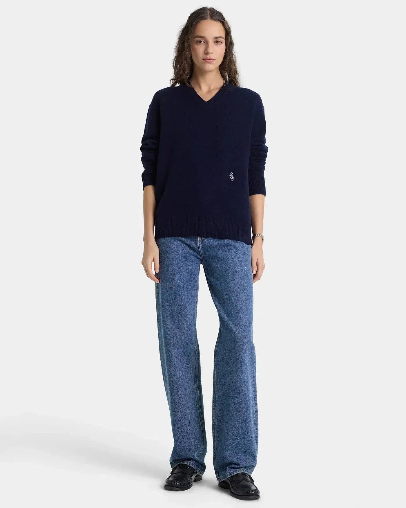 Sporty & Rich SRC Cashmere V Neck Sweater in Blue