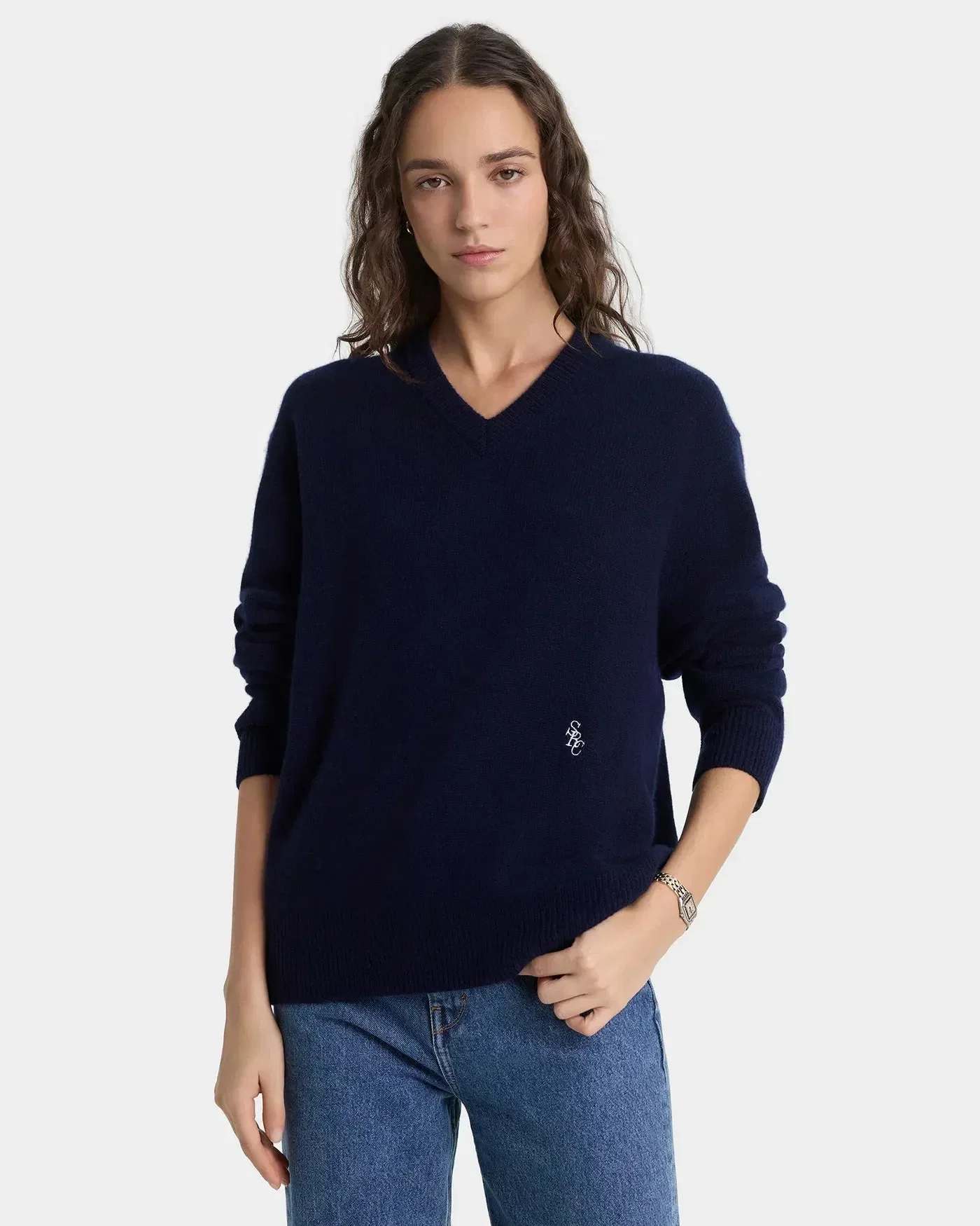 Sporty & Rich SRC Cashmere V Neck Sweater in Blue