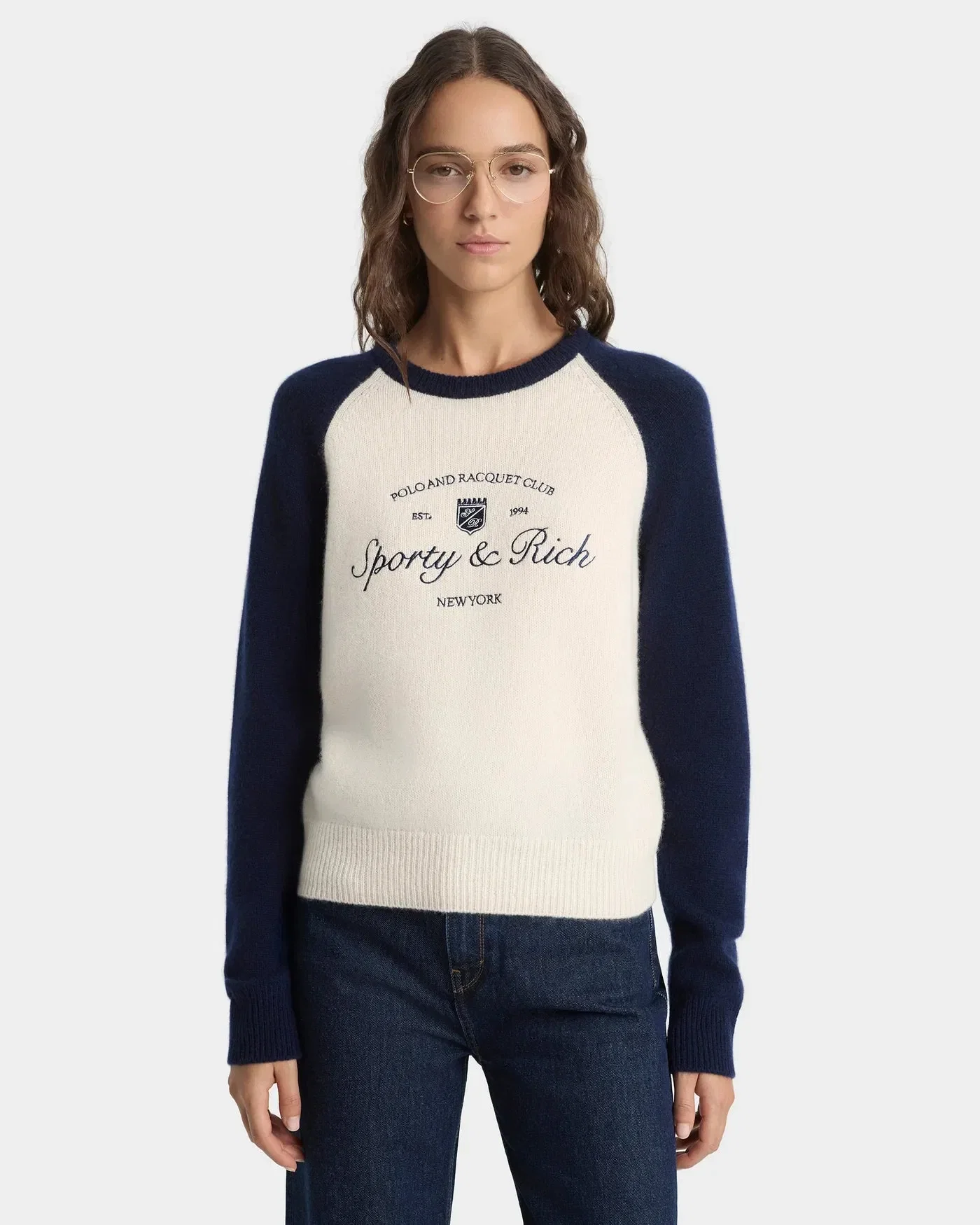Sporty & Rich Syracuse Cashmere Wool Baseball Jumper Sweater in Beige and Blue