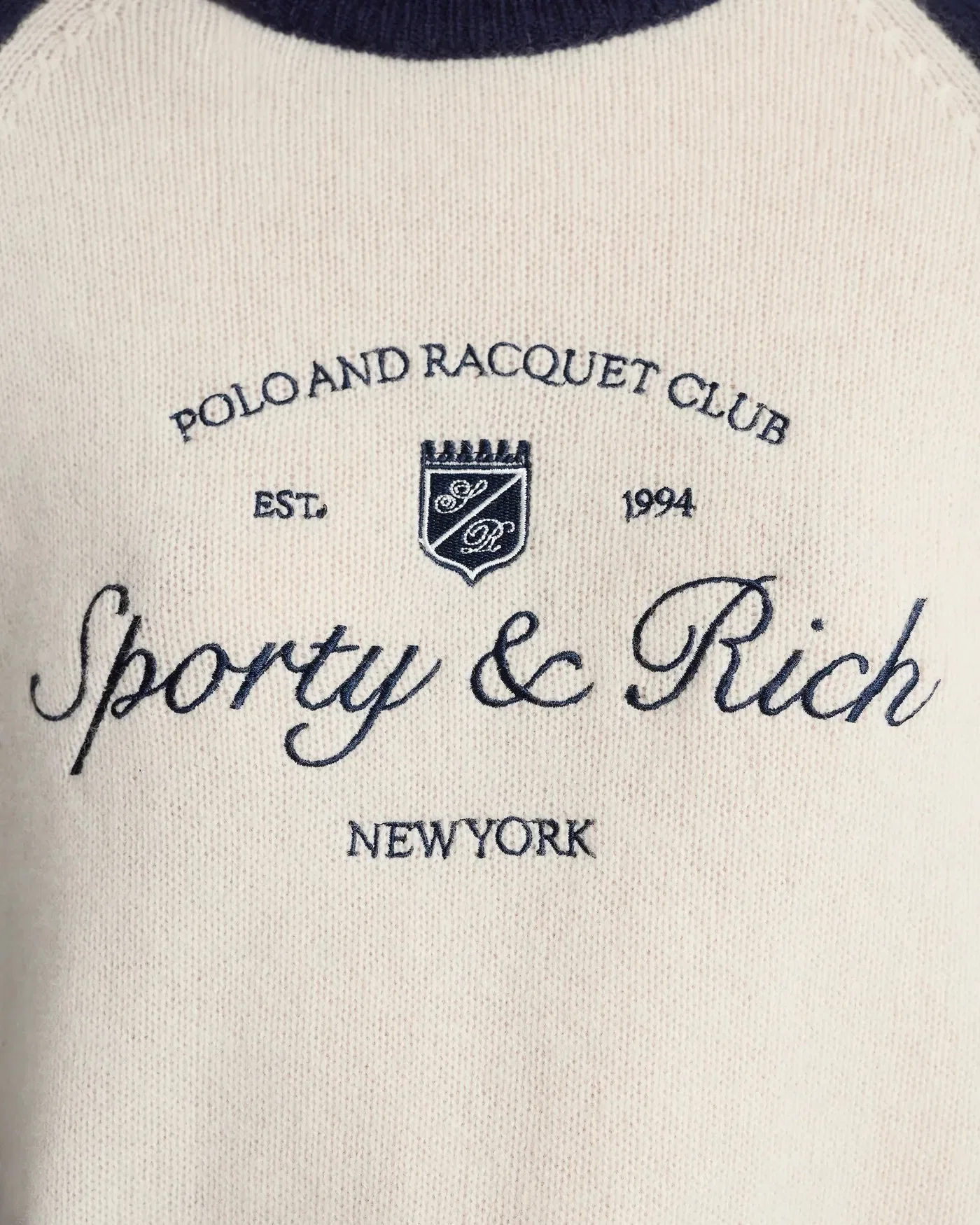 Sporty & Rich Syracuse Cashmere Wool Baseball Jumper Sweater in Beige and Blue
