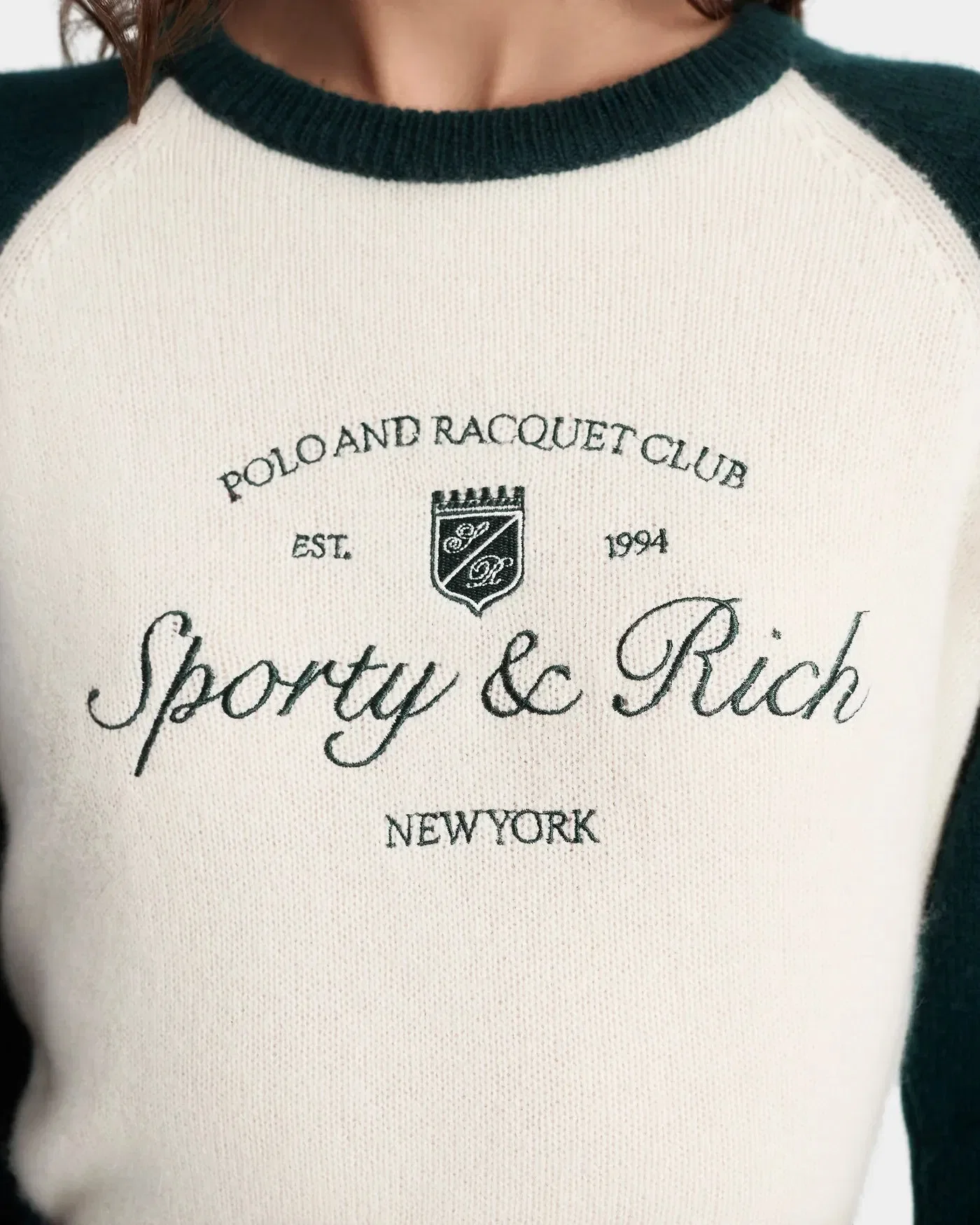 Sporty & Rich Syracuse Cashmere Wool Baseball Jumper Sweater in Beige and Green