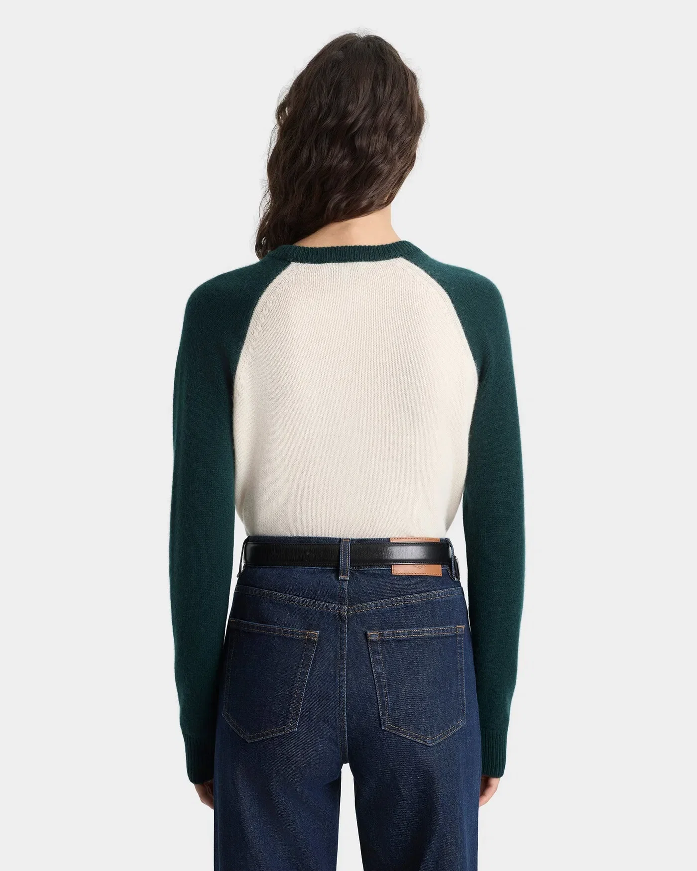 Sporty & Rich Syracuse Cashmere Wool Baseball Jumper Sweater in Beige and Green