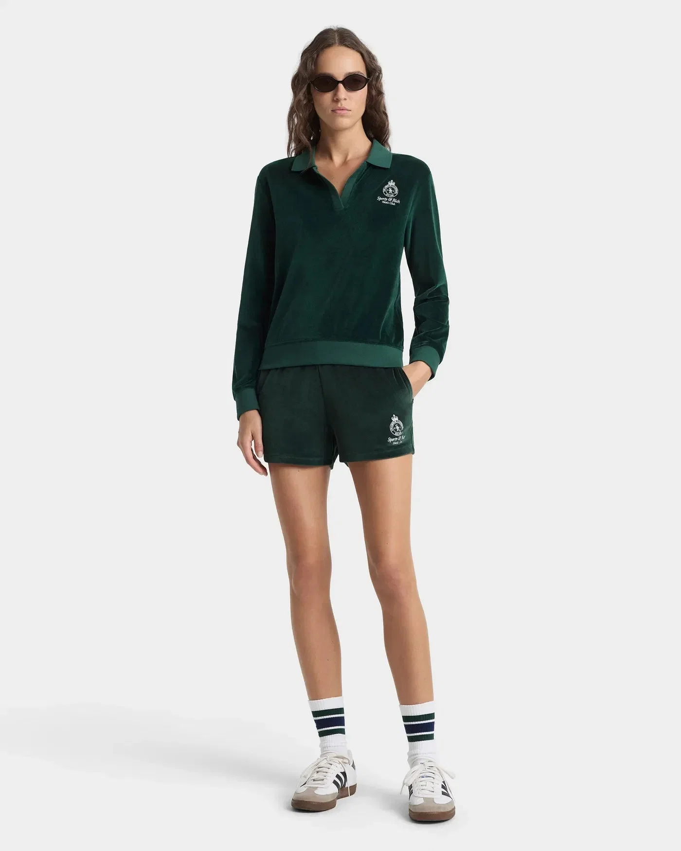 Sporty & Rich Crown Tennis Velour LS Cotton Polo T-Shirt in Green