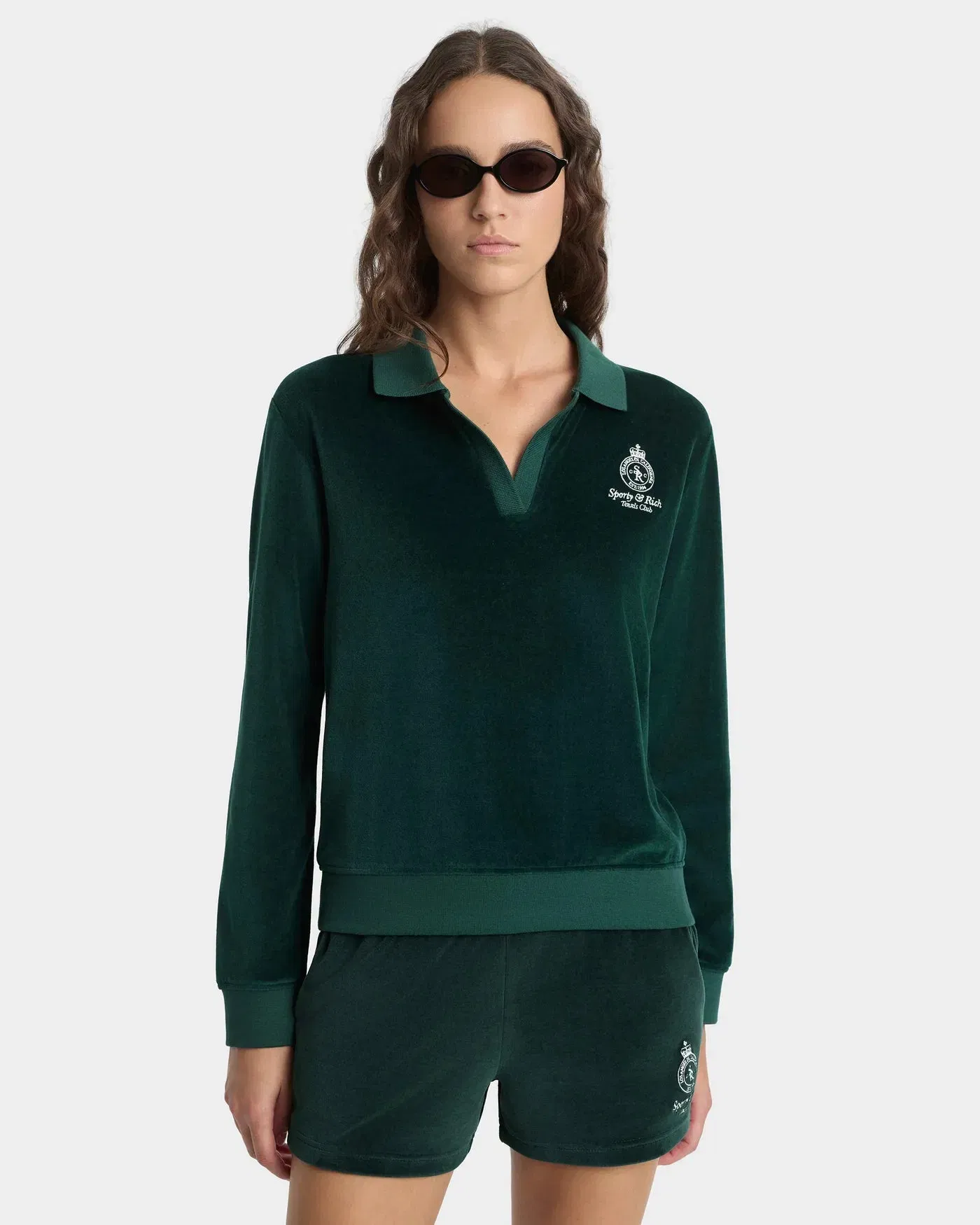 Sporty & Rich Crown Tennis Velour LS Cotton Polo T-Shirt in Green