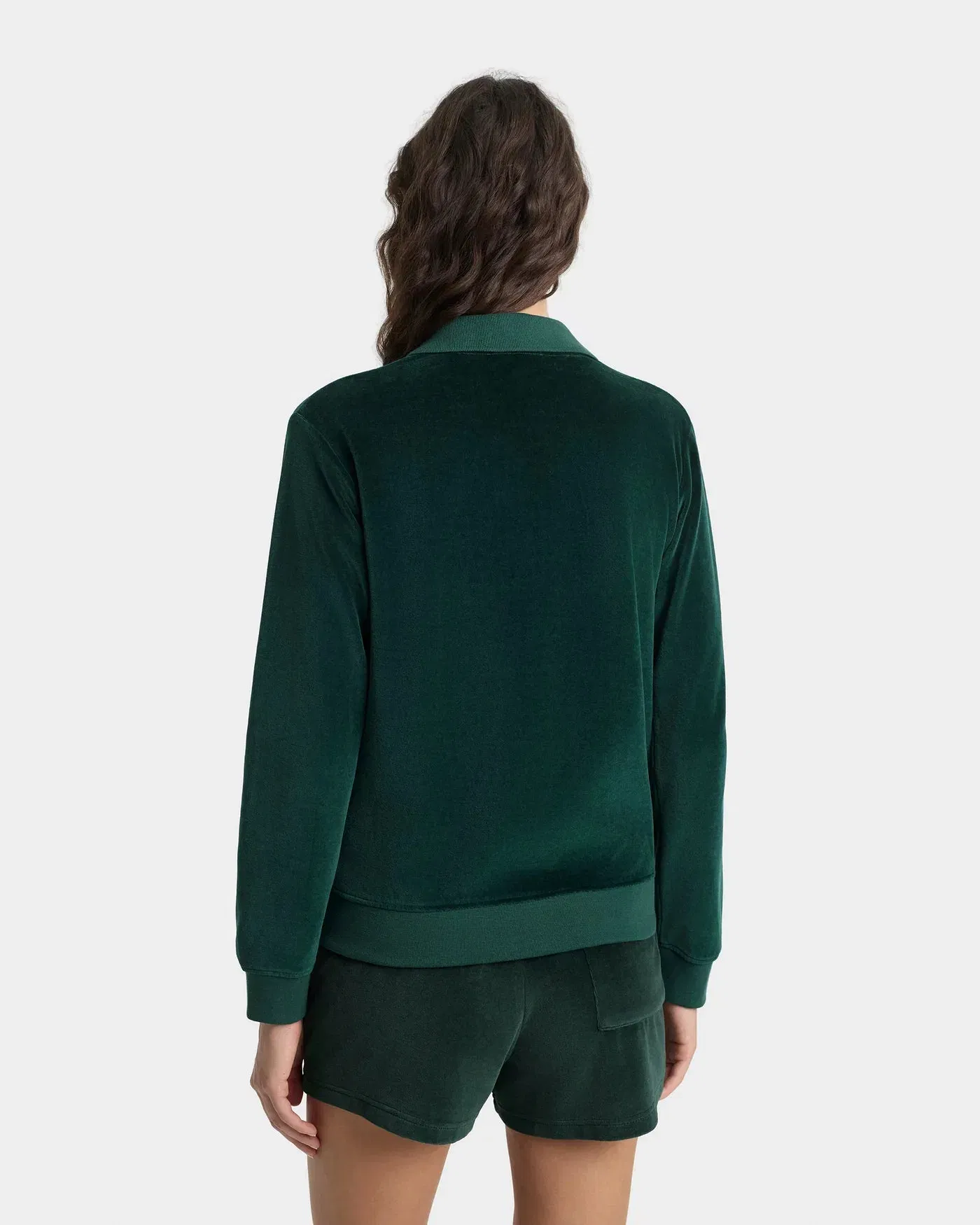 Sporty & Rich Crown Tennis Velour LS Cotton Polo T-Shirt in Green