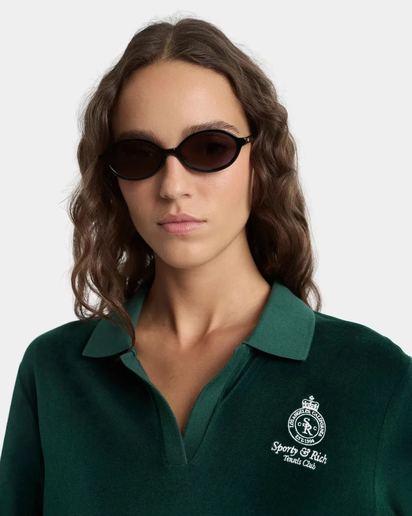 Sporty & Rich Crown Tennis Velour LS Cotton Polo T-Shirt in Green