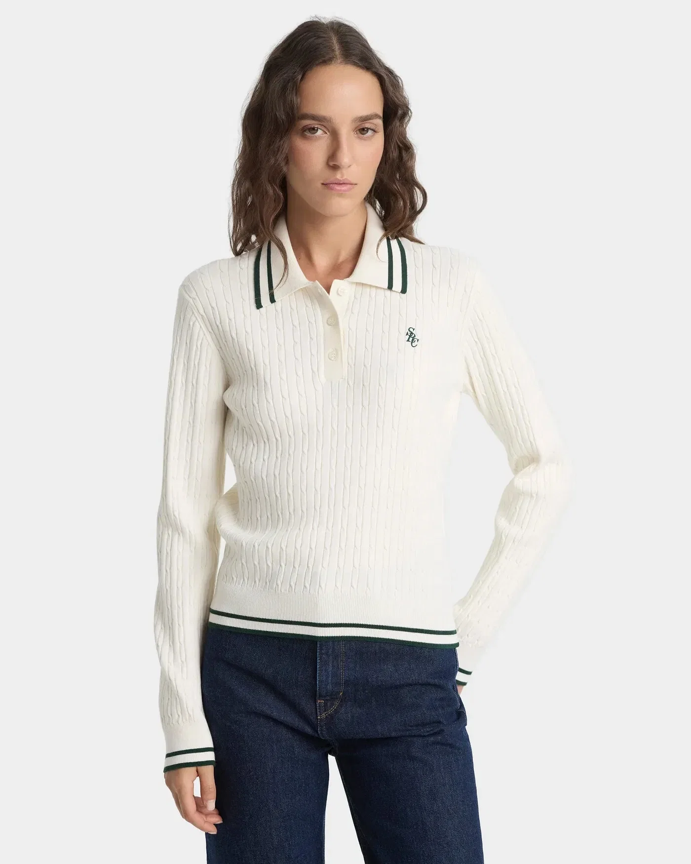 Sporty & Rich SRC Cable LS Polo T-Shirt in Beige