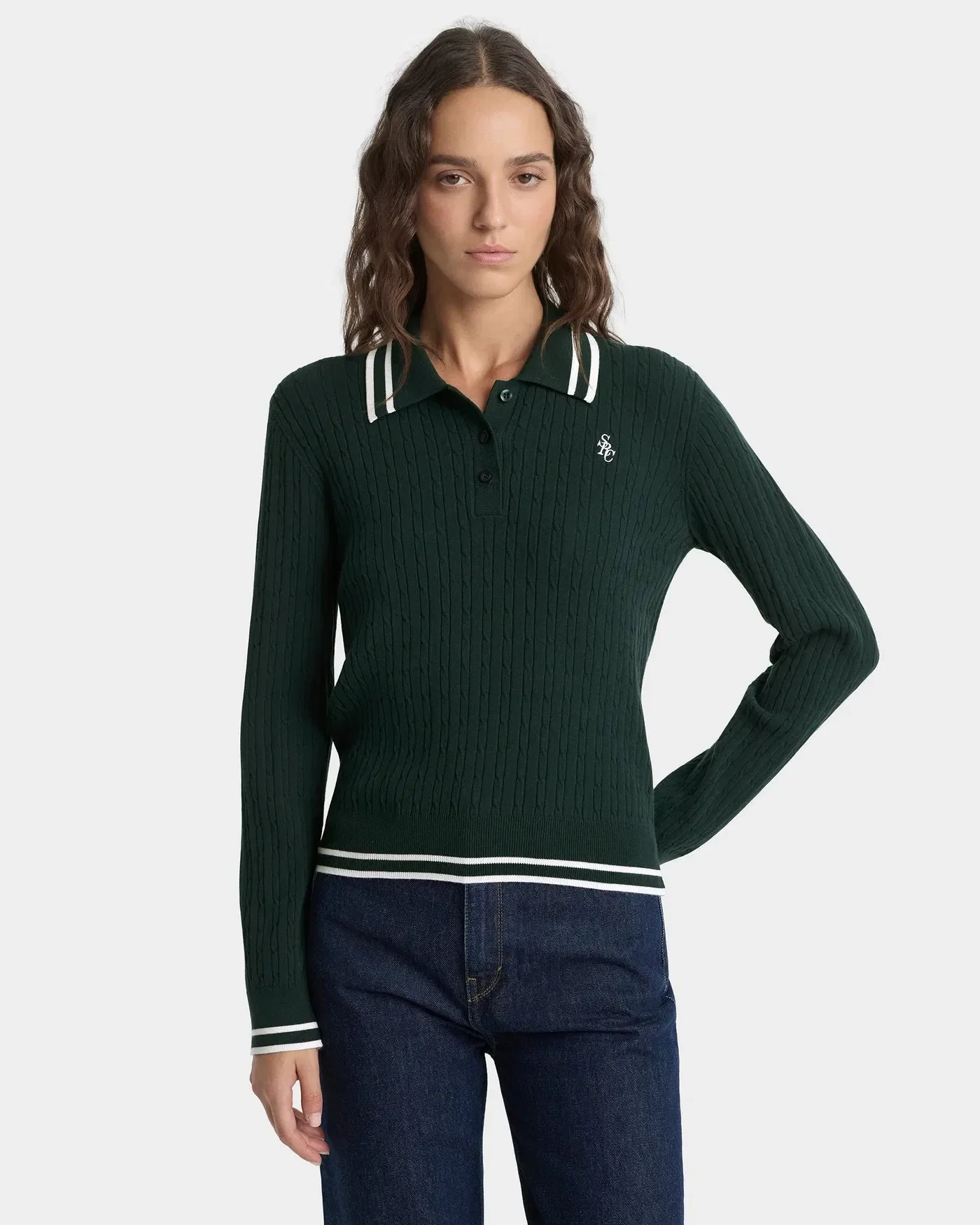 Sporty & Rich SRC Cable LS Polo T-Shirt in Green