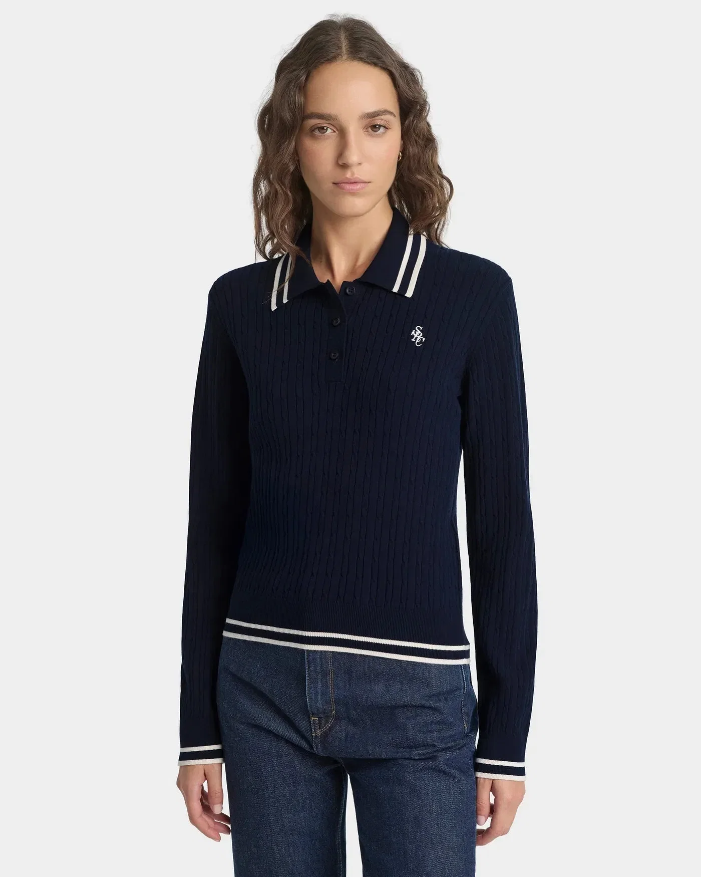 Sporty & Rich SRC Cable LS Polo T-Shirt in Blue