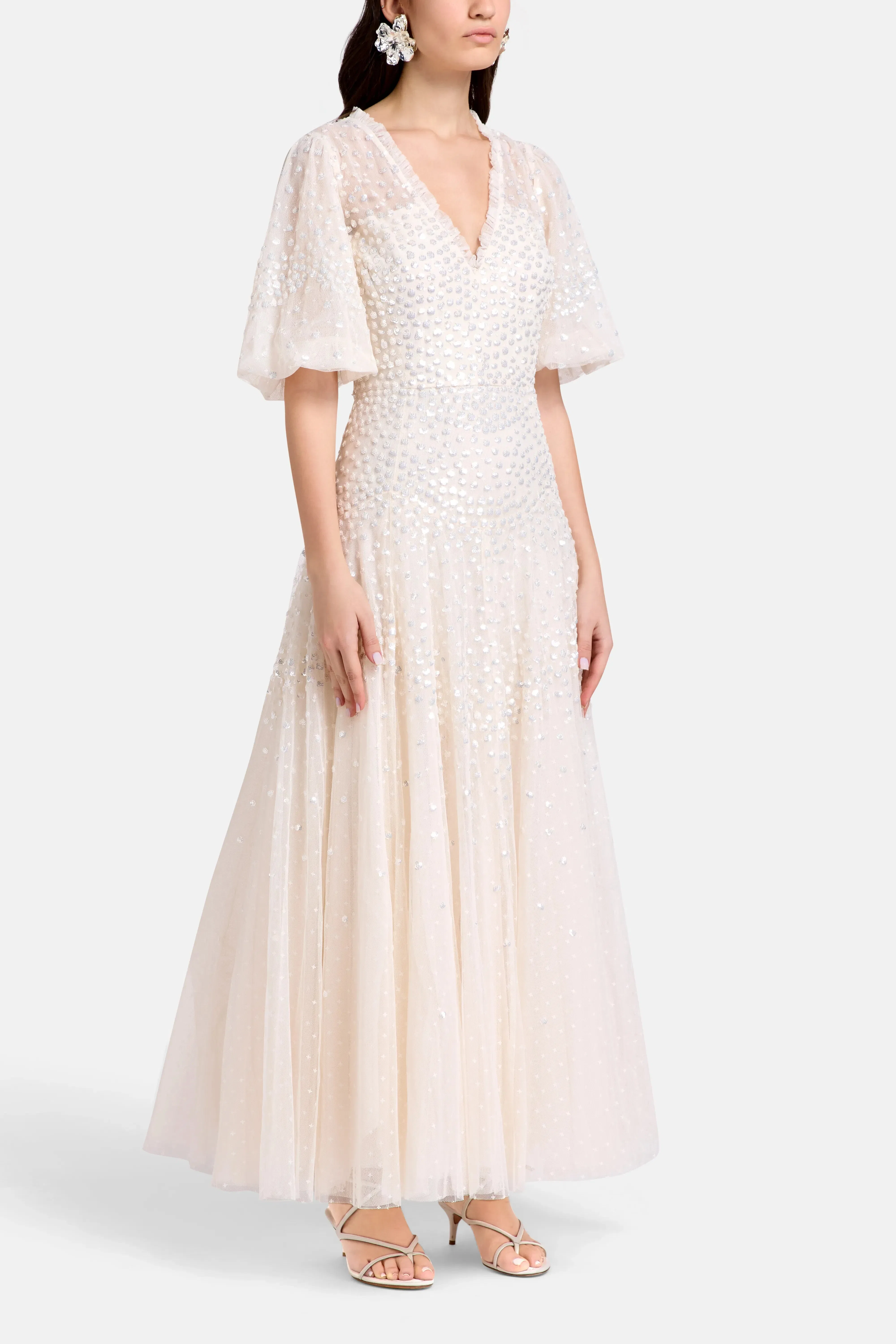 Needle & Thread Scallop Sequins Evening Dress in Cream