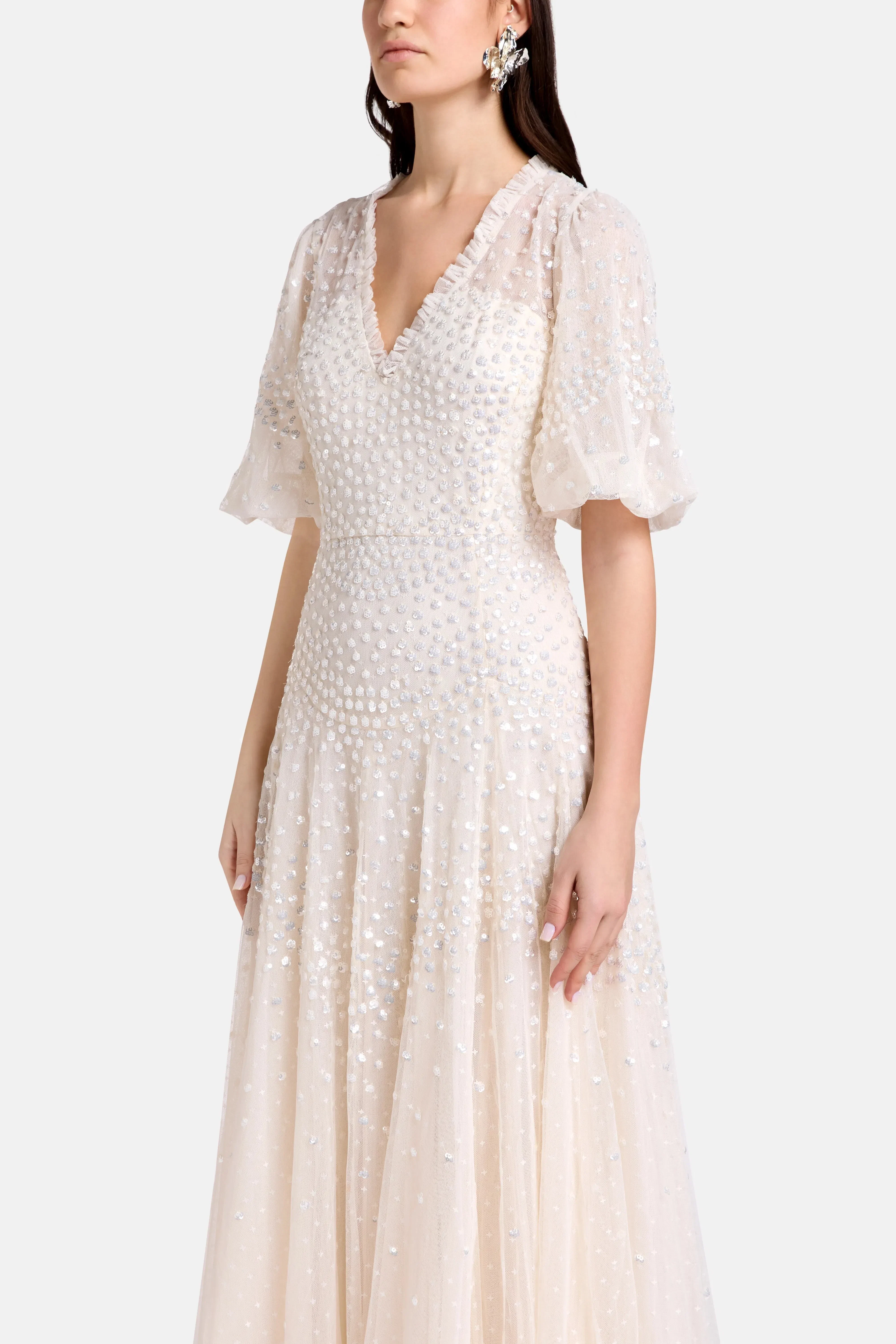 Needle & Thread Scallop Sequins Evening Dress in Cream