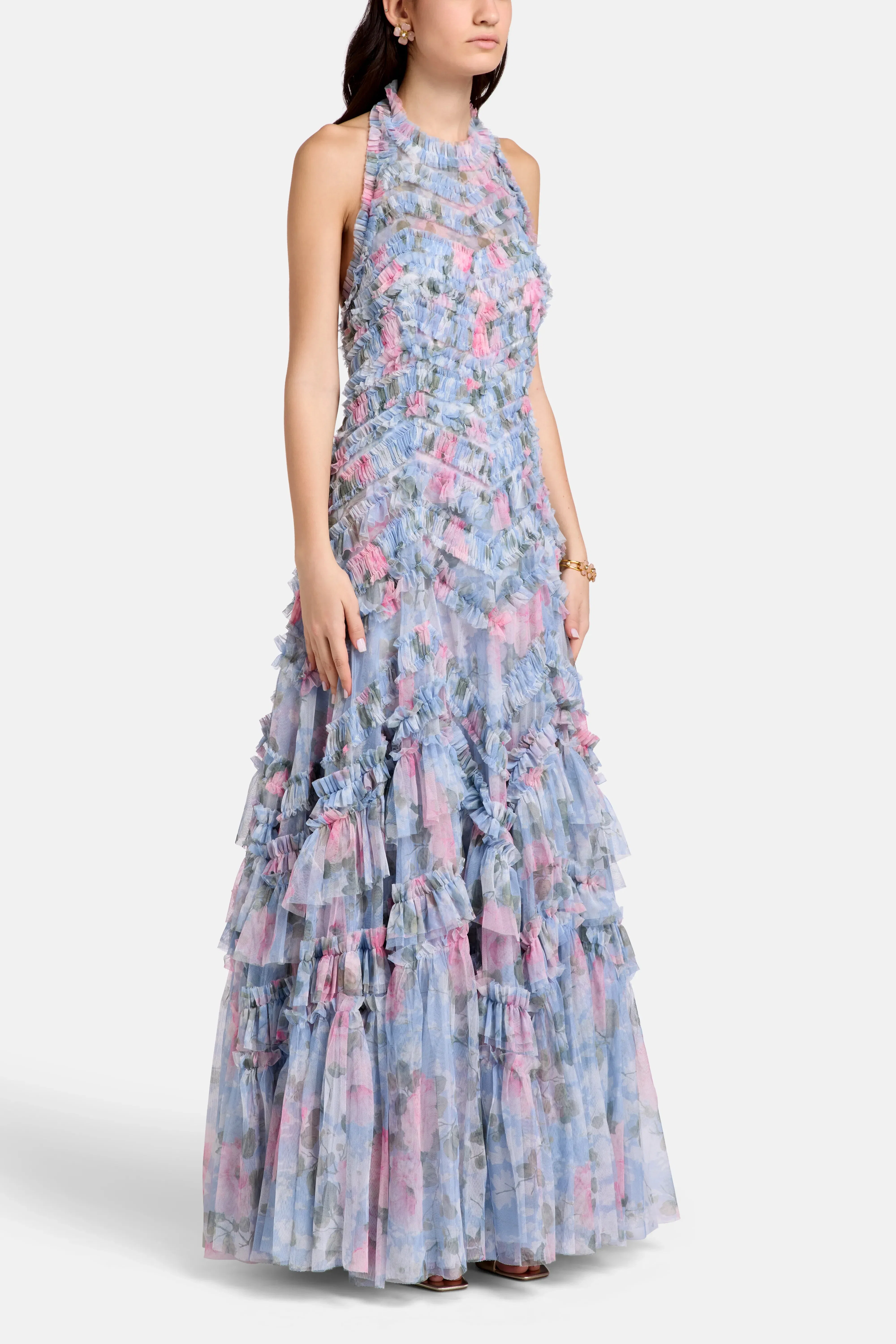 Needle & Thread Camille's Garden Elia Halter Neck Floral Evening Dress in Blue