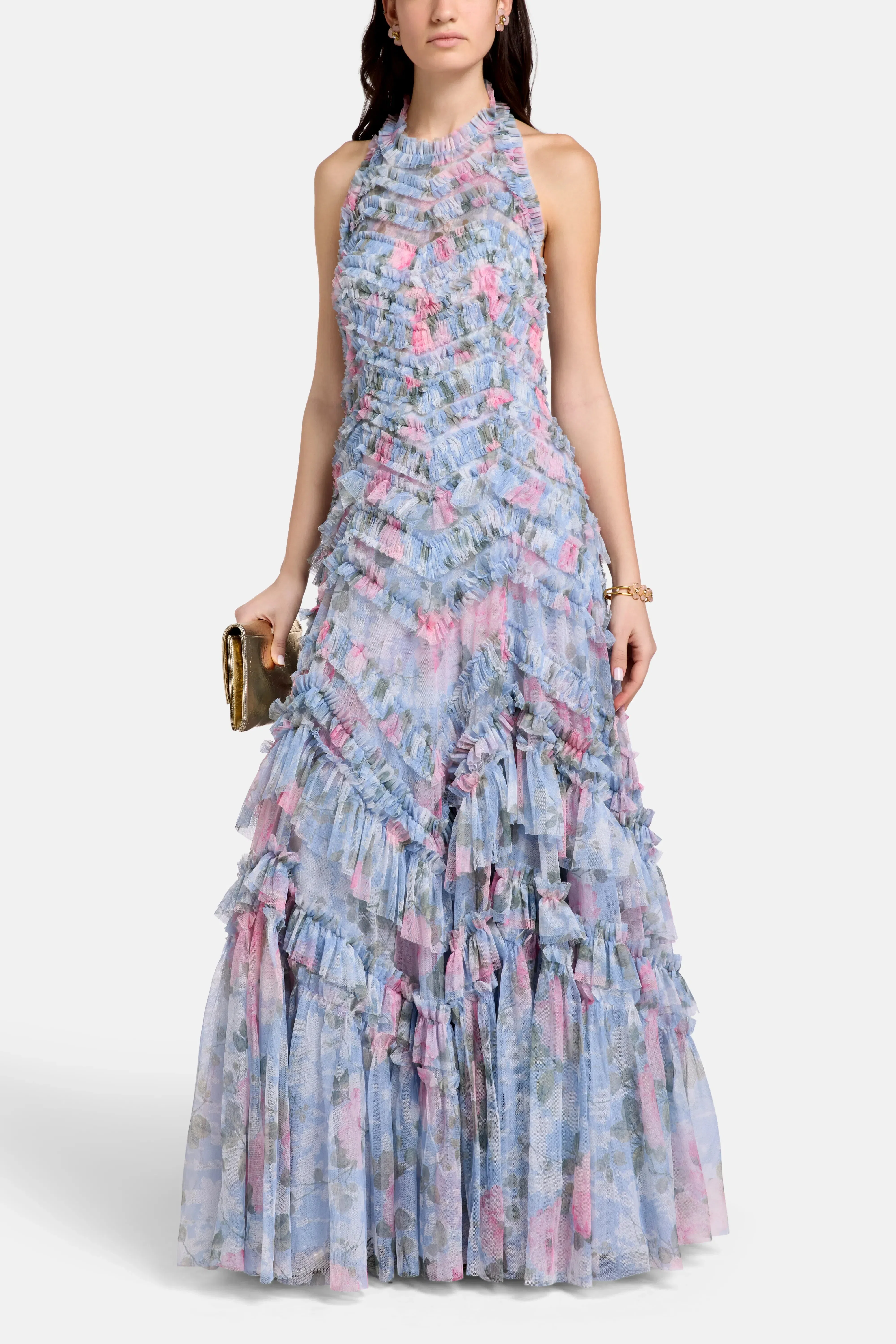 Needle & Thread Camille's Garden Elia Halter Neck Floral Evening Dress in Blue